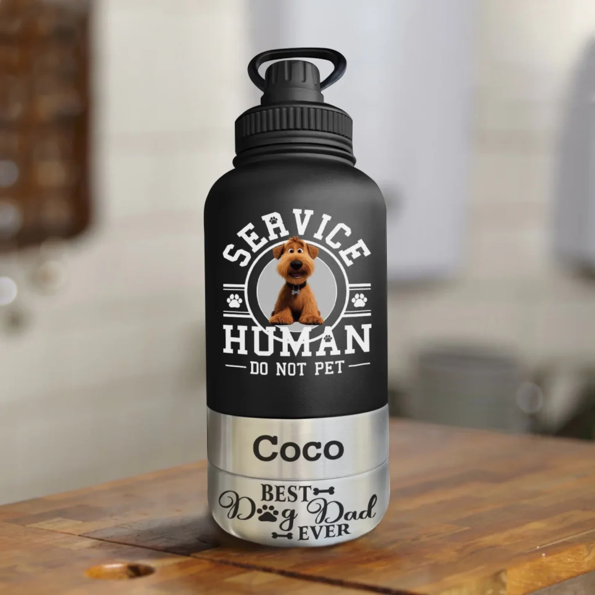 Service Human Do Not Pet, Best Dog Dad Ever - Personalized Pet Water Bottle 3in1, Gift For Dog Lover