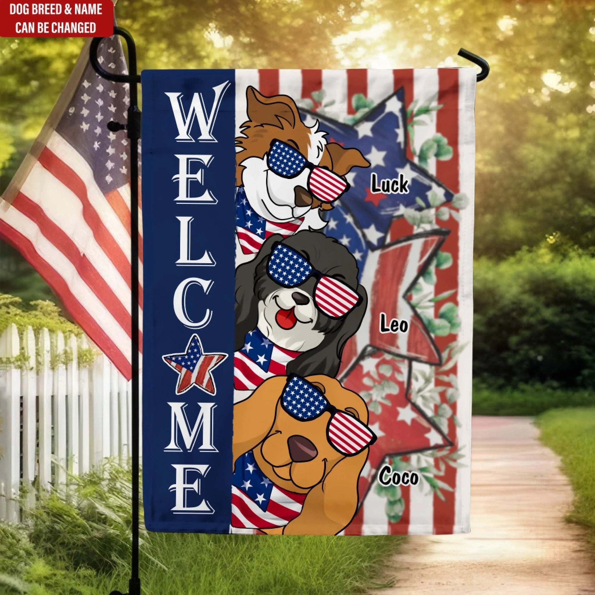 Welcome Dog American Flag, Independence Day Gift - Personalized Garden Flag