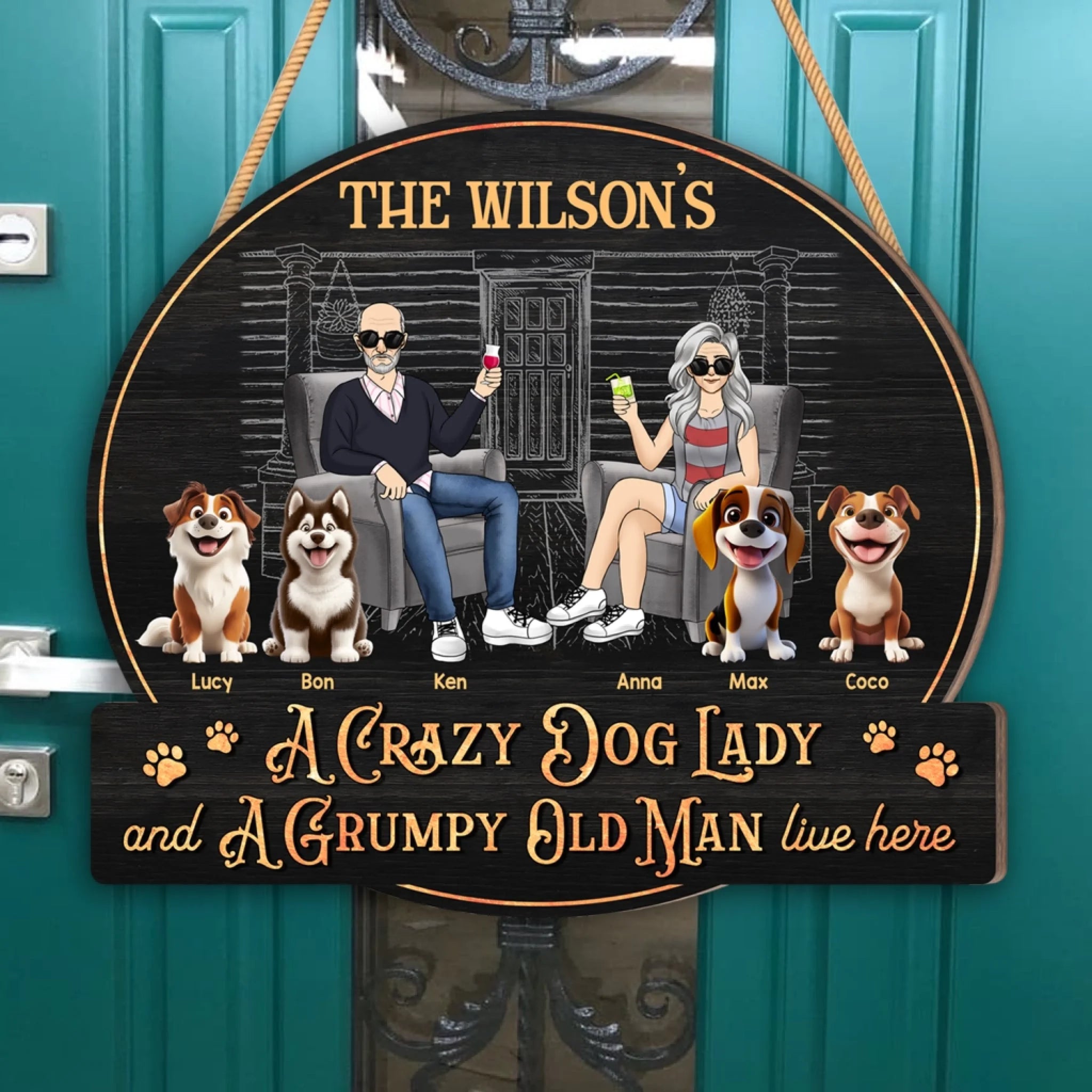 Crazy Dog Lady And Grumpy Old Man Live Here - Personalized Wood Sign, Gift For Family, Home Decor