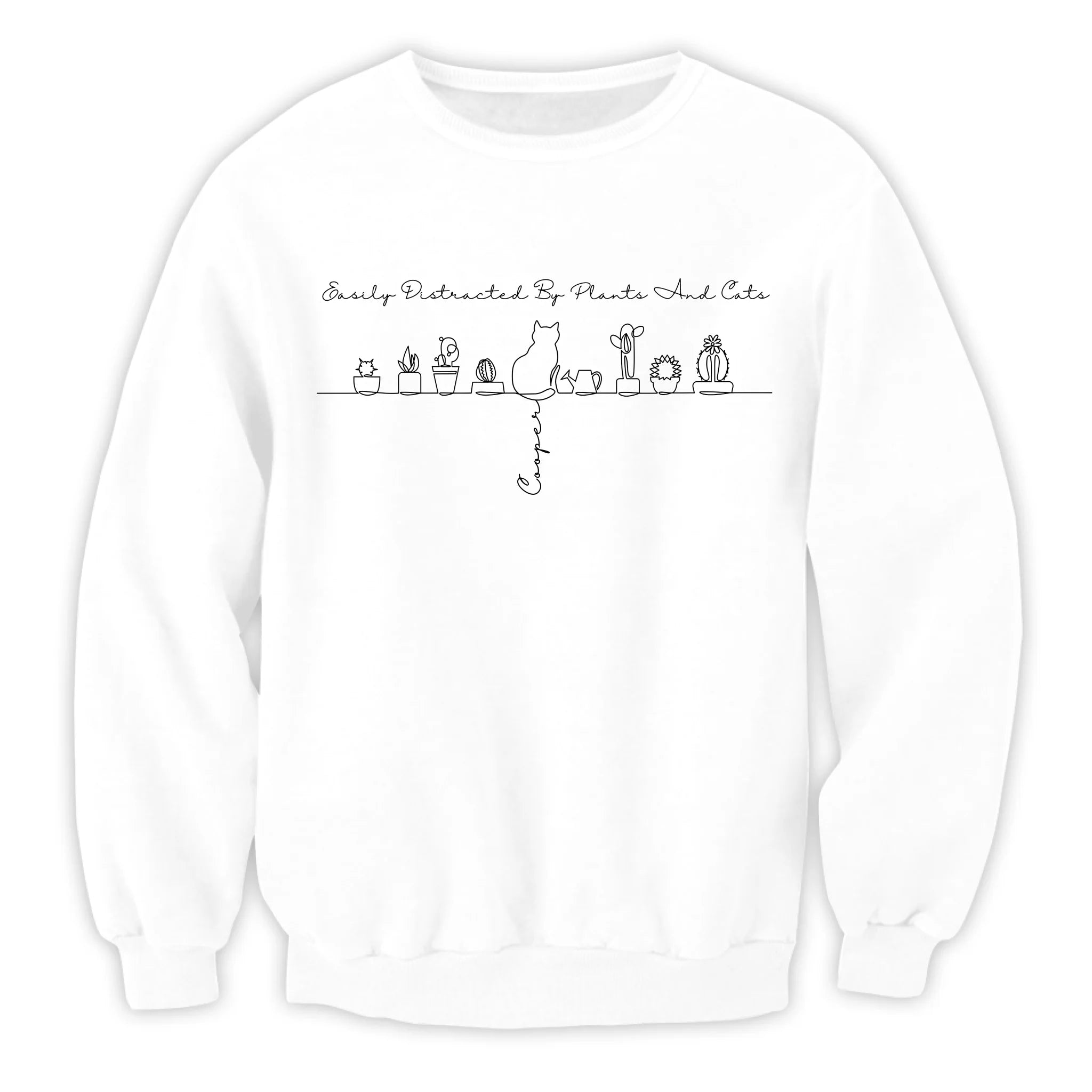 Easily Distracted By Plants And Cats - Personalized T-Shirt, Gift for Cat And Plant Lover, Line Art Style Shirt