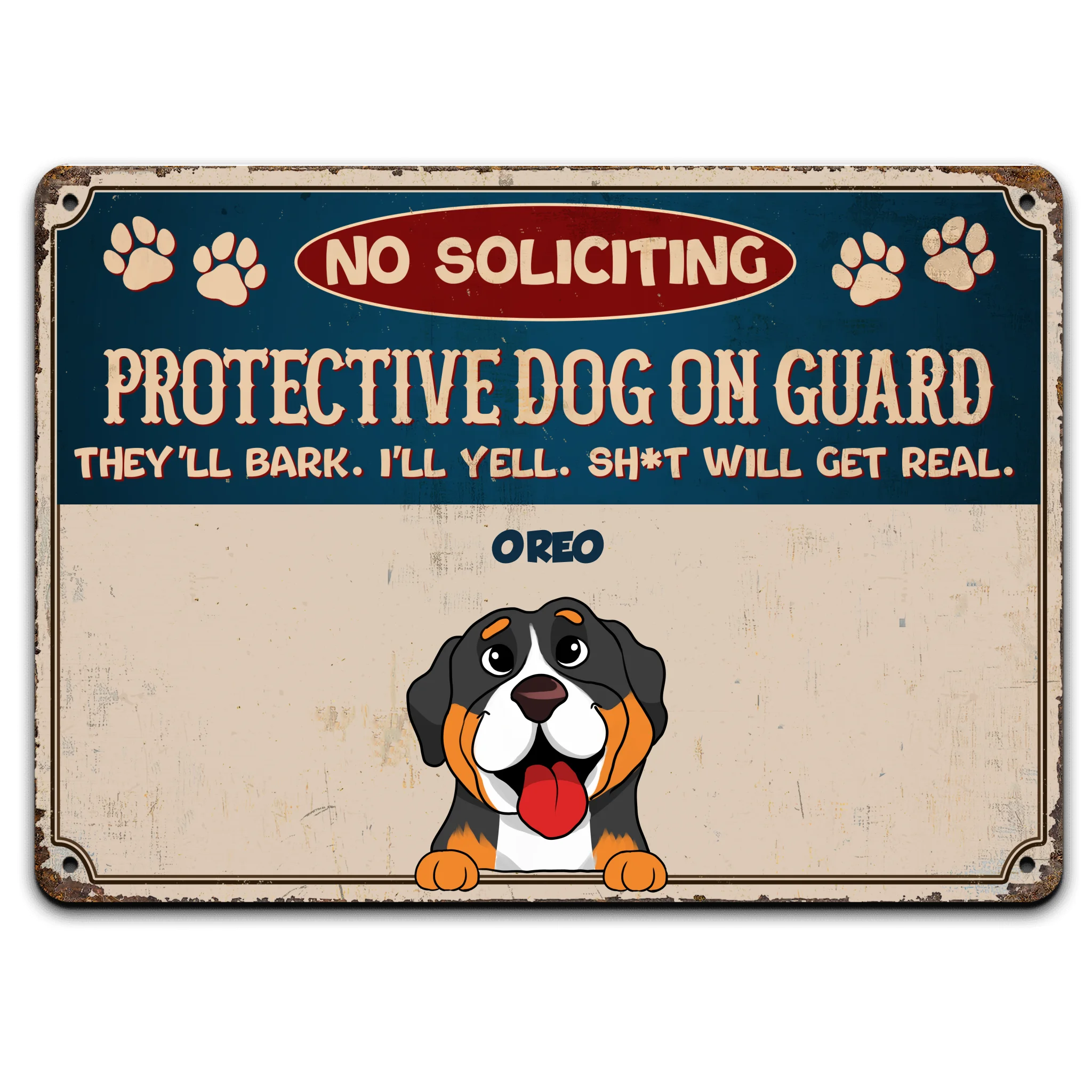 No Soliciting Protective Dogs On Guard - Personalized Metal Sign, Gift For Dog Lover, Dog Owner's House Decor Gift