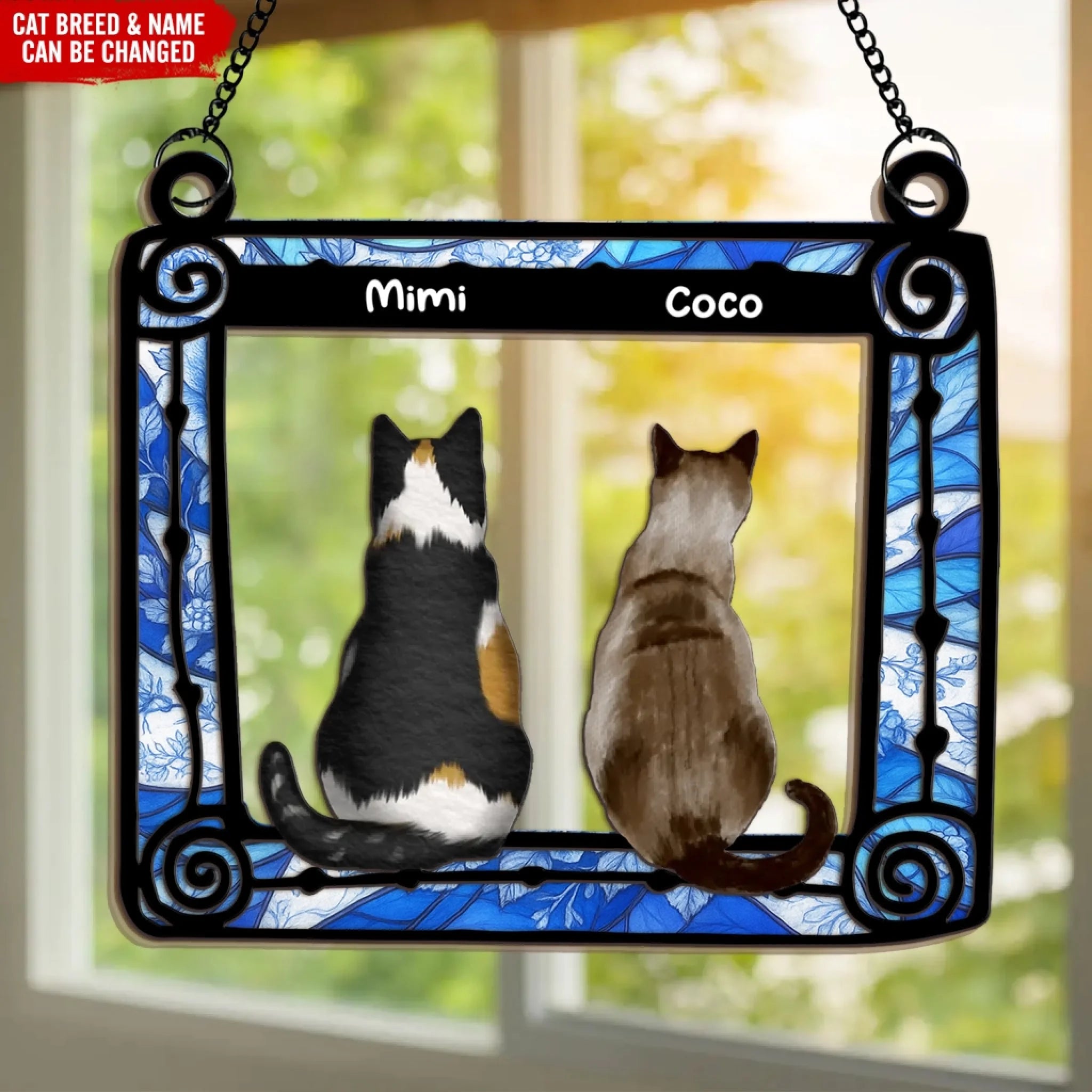 Blue Toile De Jouy Cat Sitting On The Window - Personalized Window Hanging Suncatcher, Gift for Cat Lover