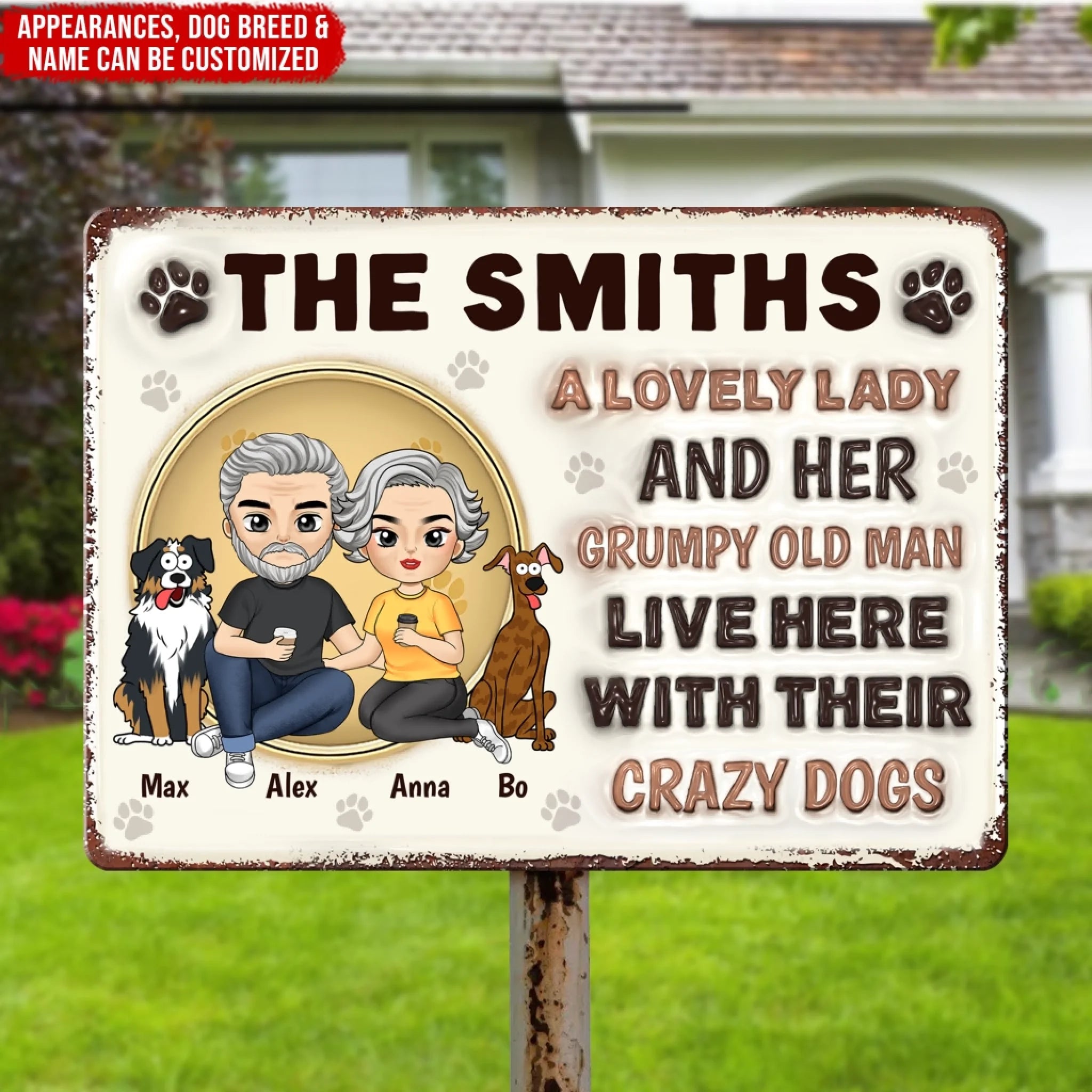 A Lovely Lady And Her Grumpy Man Live Here - Personalized 3D Metal Sign, Gift For Dog Lovers