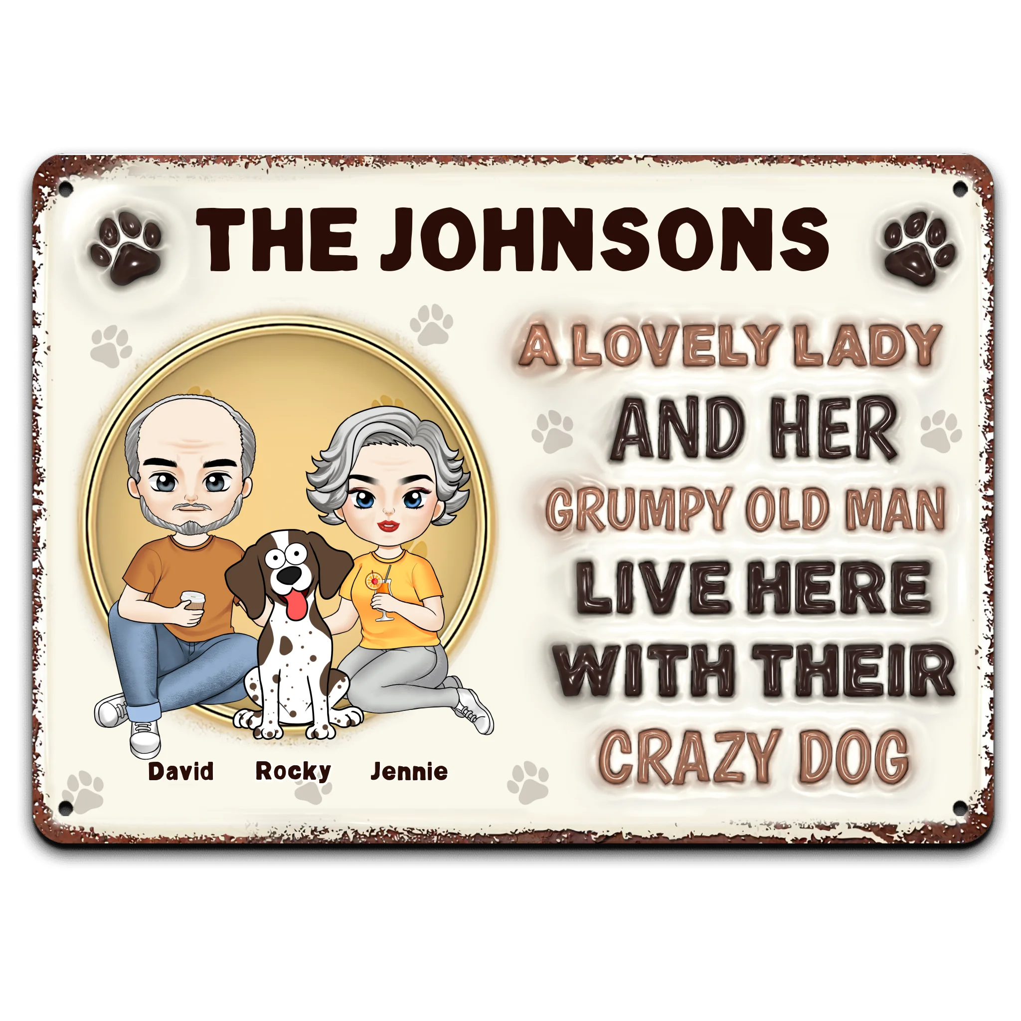 A Lovely Lady And Her Grumpy Man Live Here - Personalized 3D Metal Sign, Gift For Dog Lovers