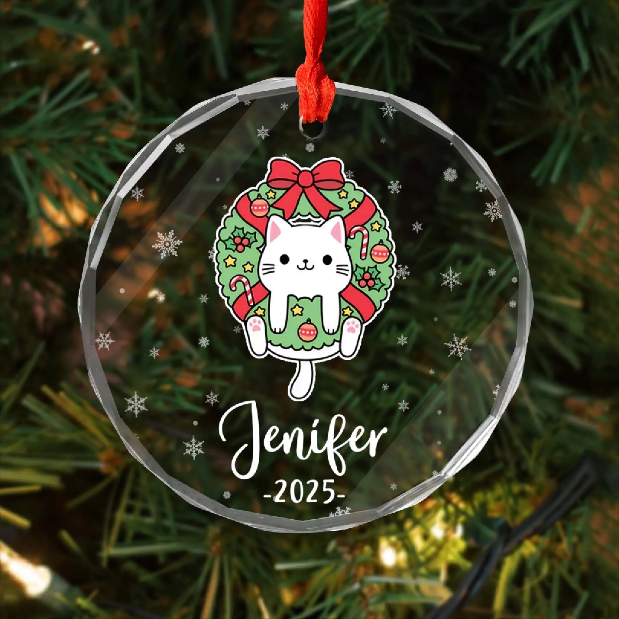 Cute Christmas Cat - Personalized Glass Ornament, Christmas Gift for Cat Lovers, Cat Mom/Cat Dad Gift