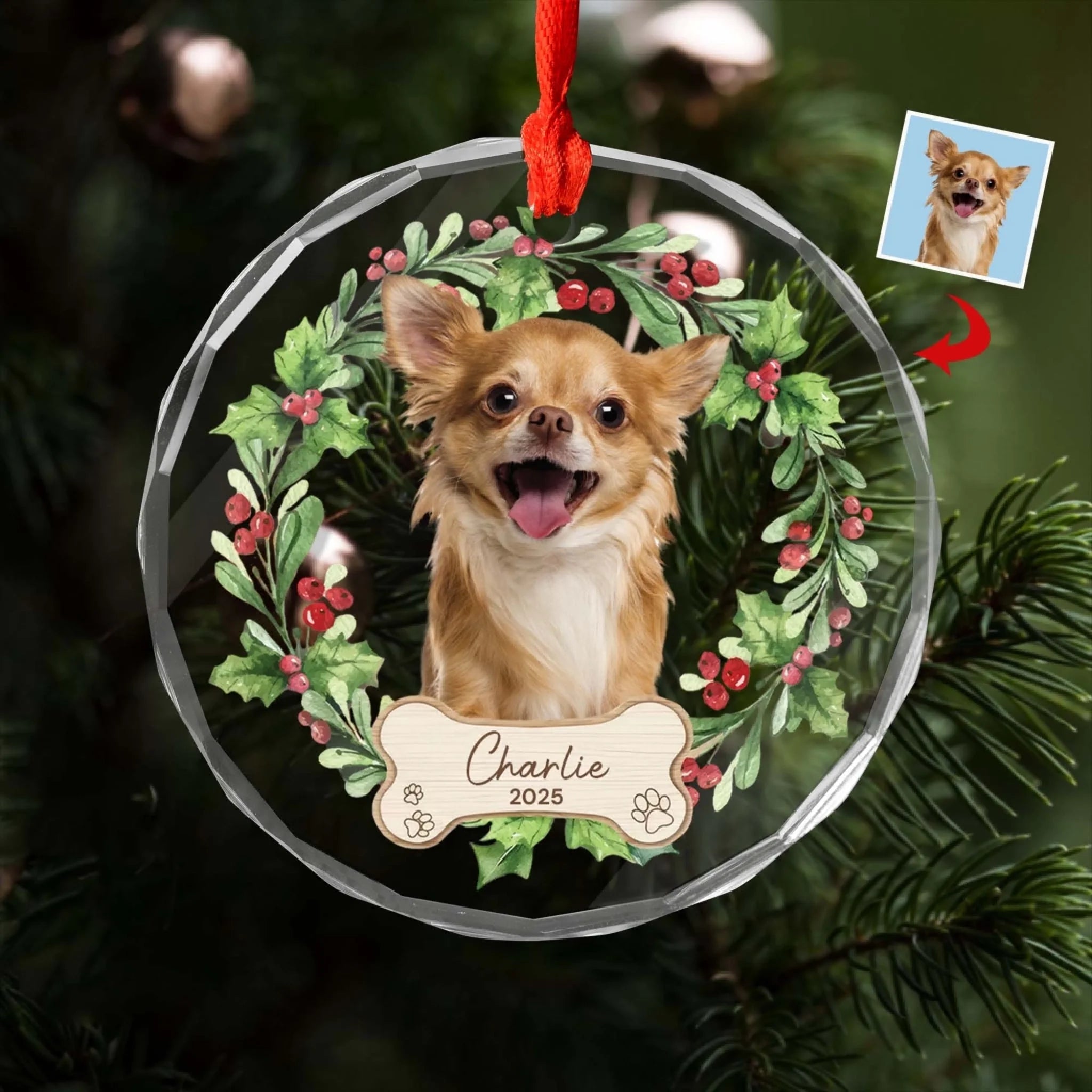 Custom Dog Photo Christmas Ornament - Personalized Glass Ornament, Gift For Dog Lover
