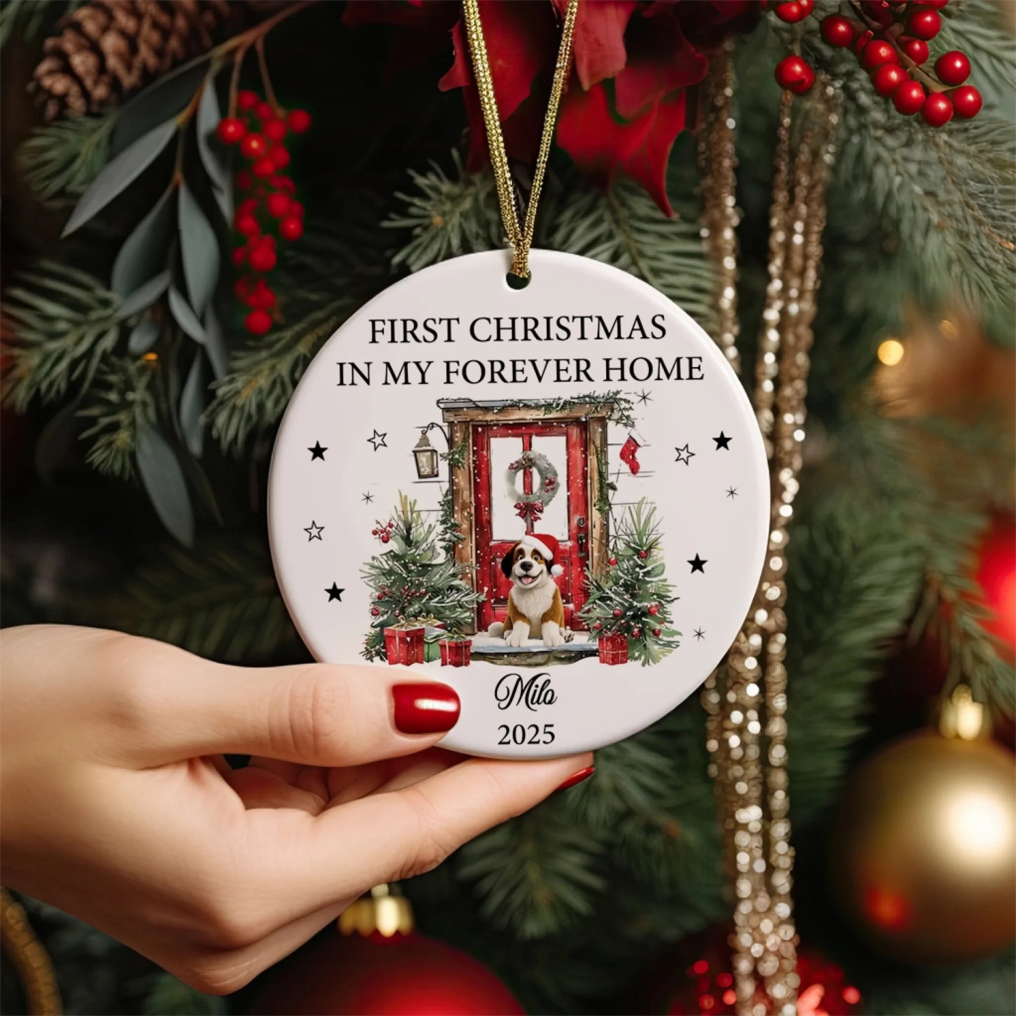 My First Christmas In My Forever Home - Personalized Ceramic Ornament, Gift For Dog Lovers