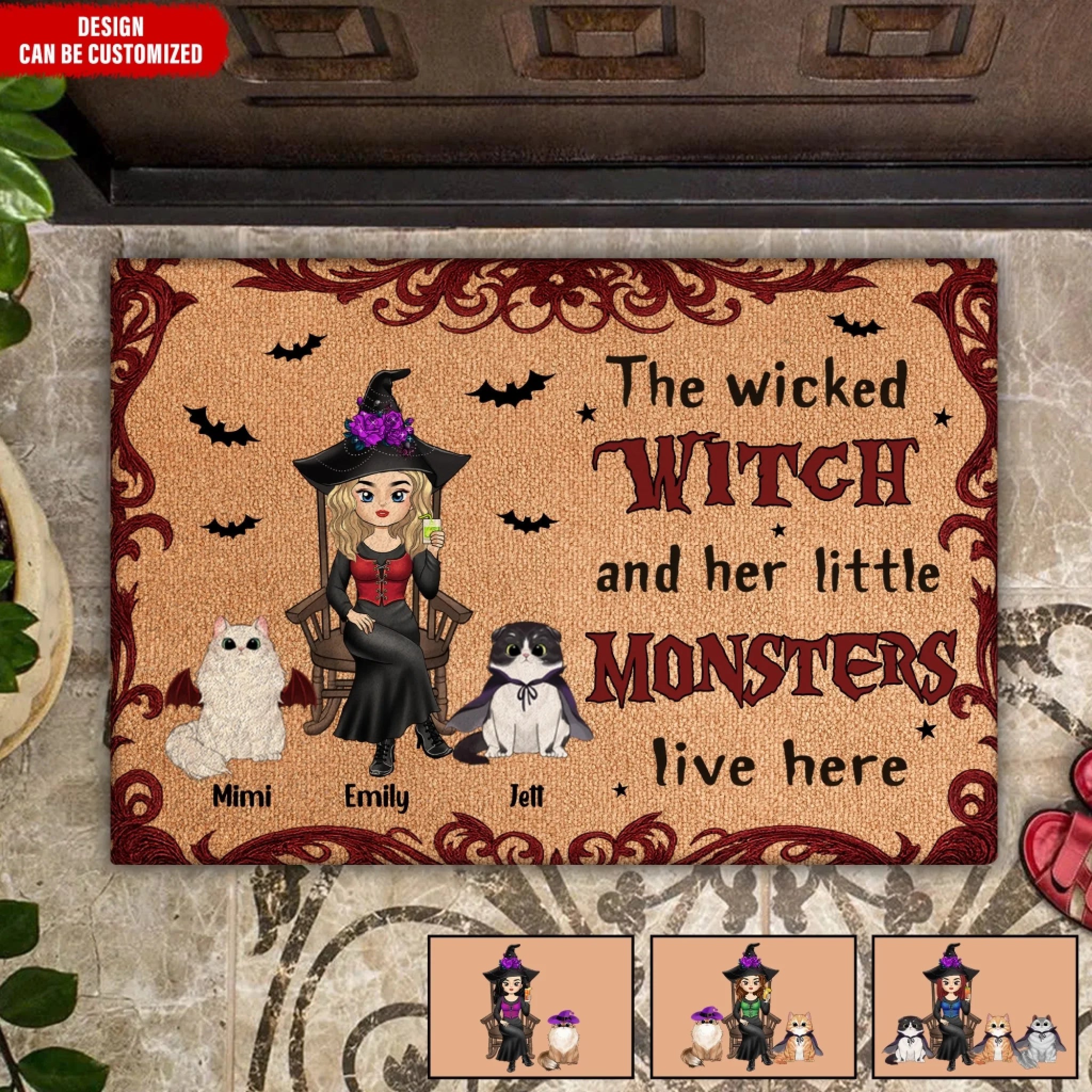 The Wicked Witch And Her Little Monster Live Here - Personalized Doormat, Gift For Cat Lovers, Halloween Cat Mom Home Decor