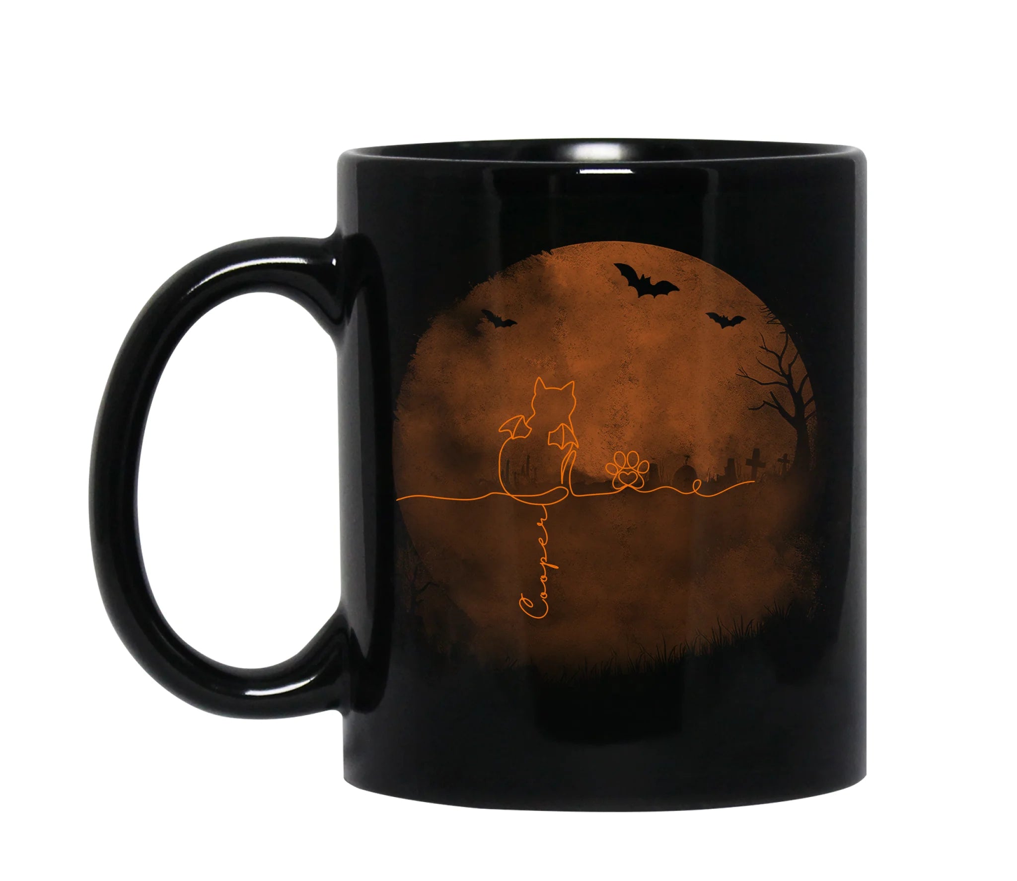 Scary Cat Halloween - Personalized Mug, Halloween Gift For Cat Lovers, Line Art Cat