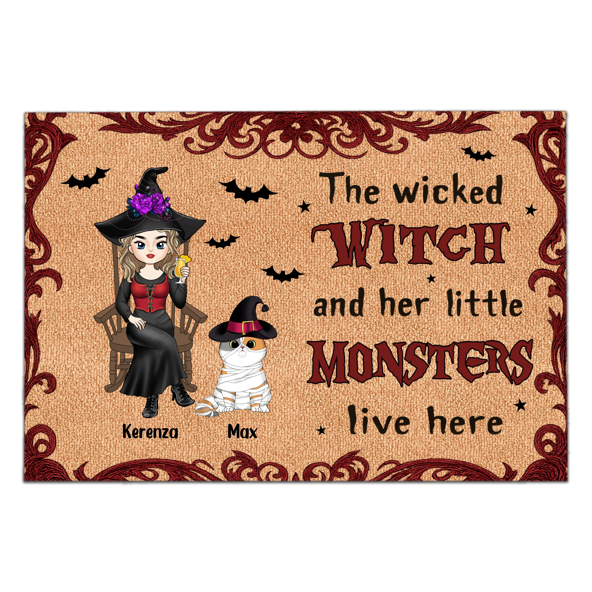 The Wicked Witch And Her Little Monster Live Here - Personalized Doormat, Gift For Cat Lovers, Halloween Cat Mom Home Decor