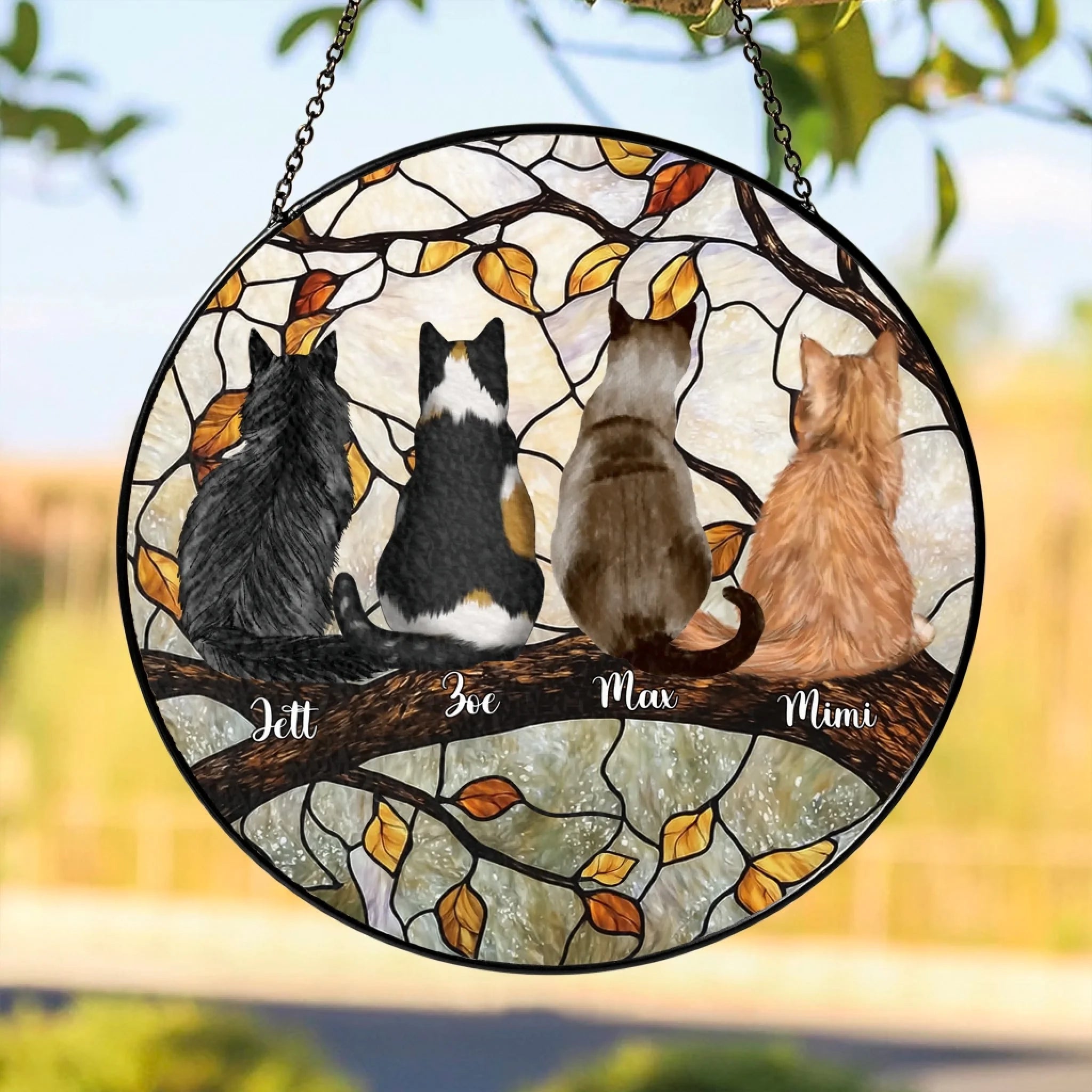 Custom Cats On A Branch - Personalized Window Stained Glass, Fall Window Doors Home Decoration