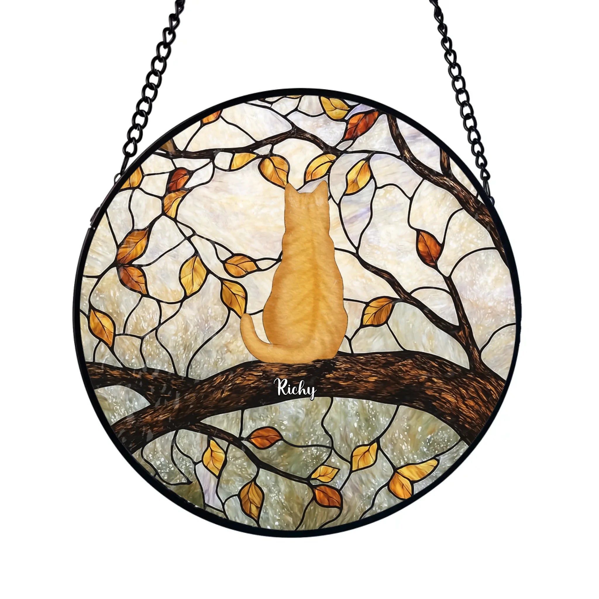 Custom Cats On A Branch - Personalized Window Stained Glass, Fall Window Doors Home Decoration