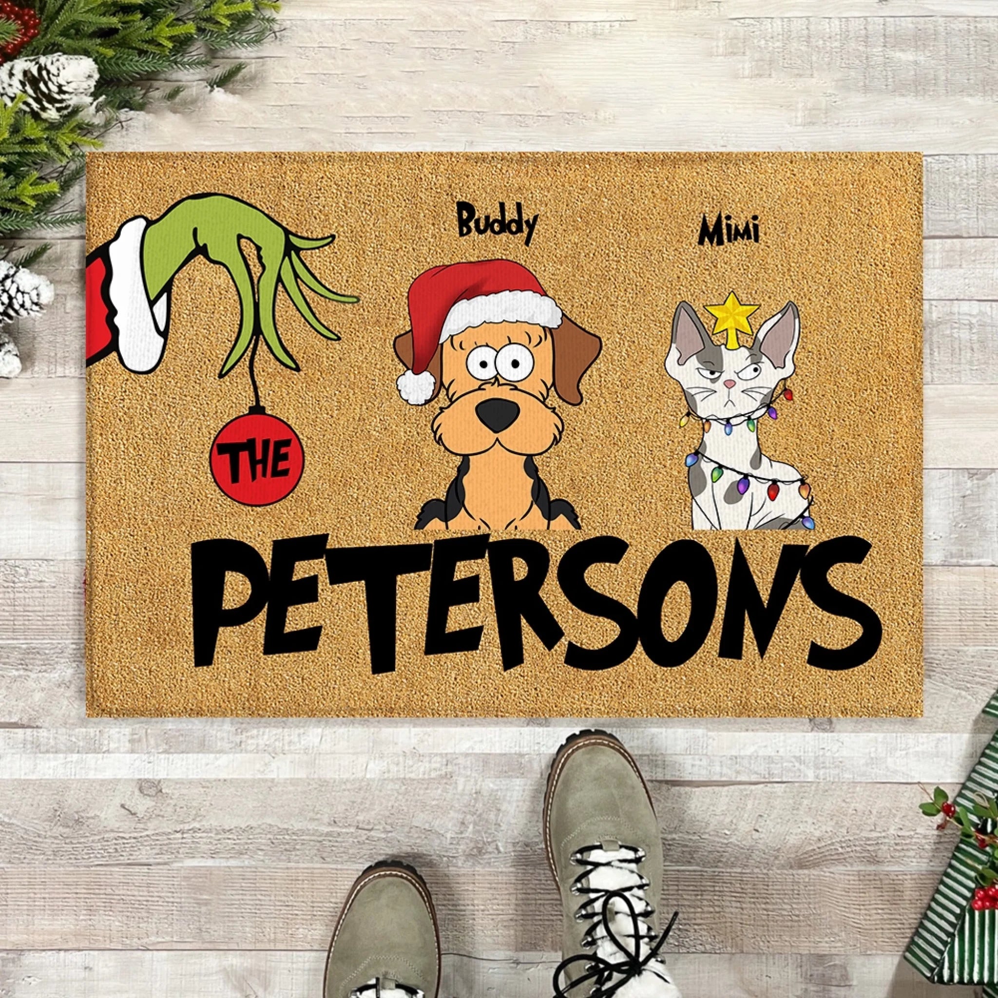 Custom Grinch With Pet - Personalized Doormat, Gift For Family, Gift For Pet Lover