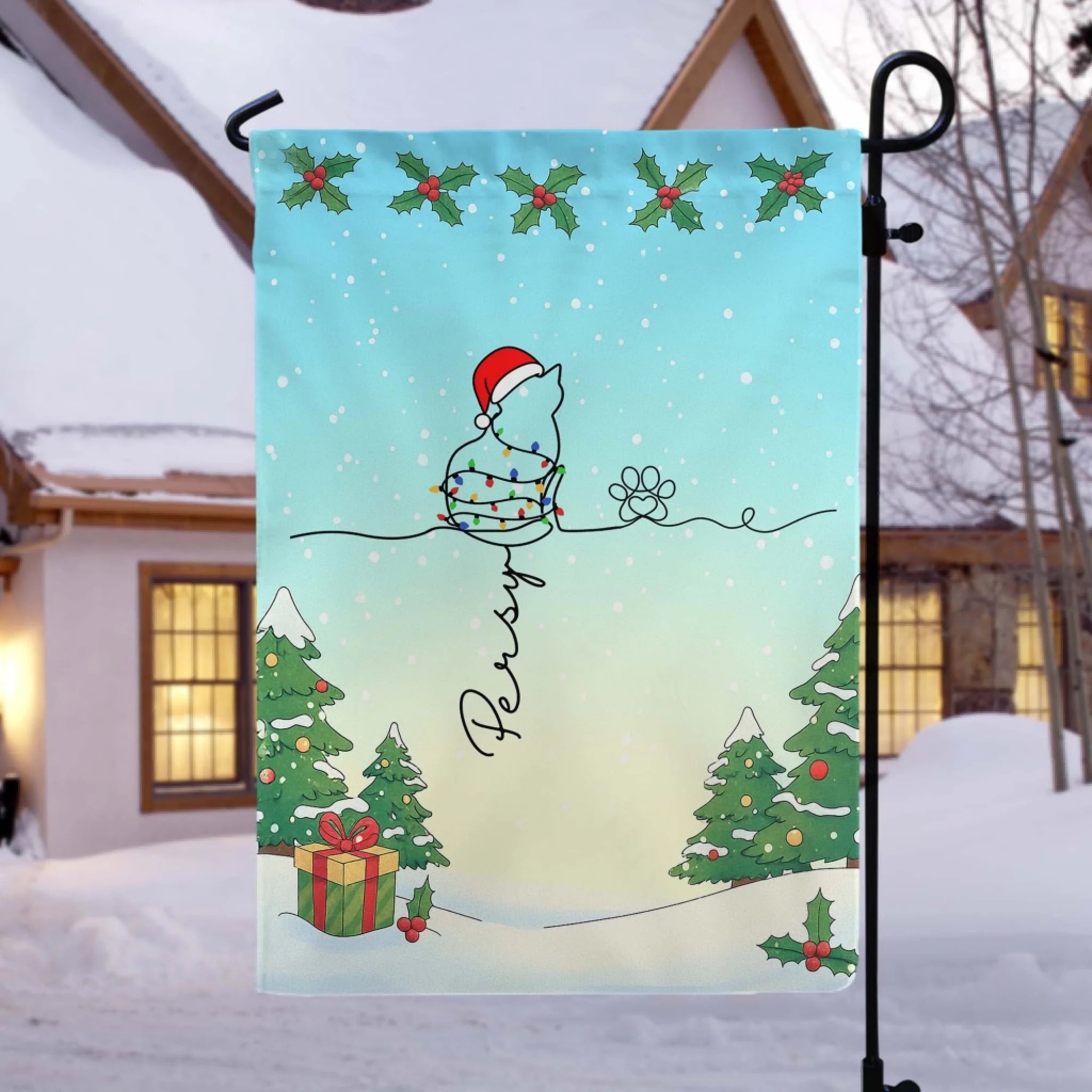 Christmas Cute Cat Line Art - Personalized Garden Flag, Christmas Gift for Cat Lovers, Christmas Home Decor