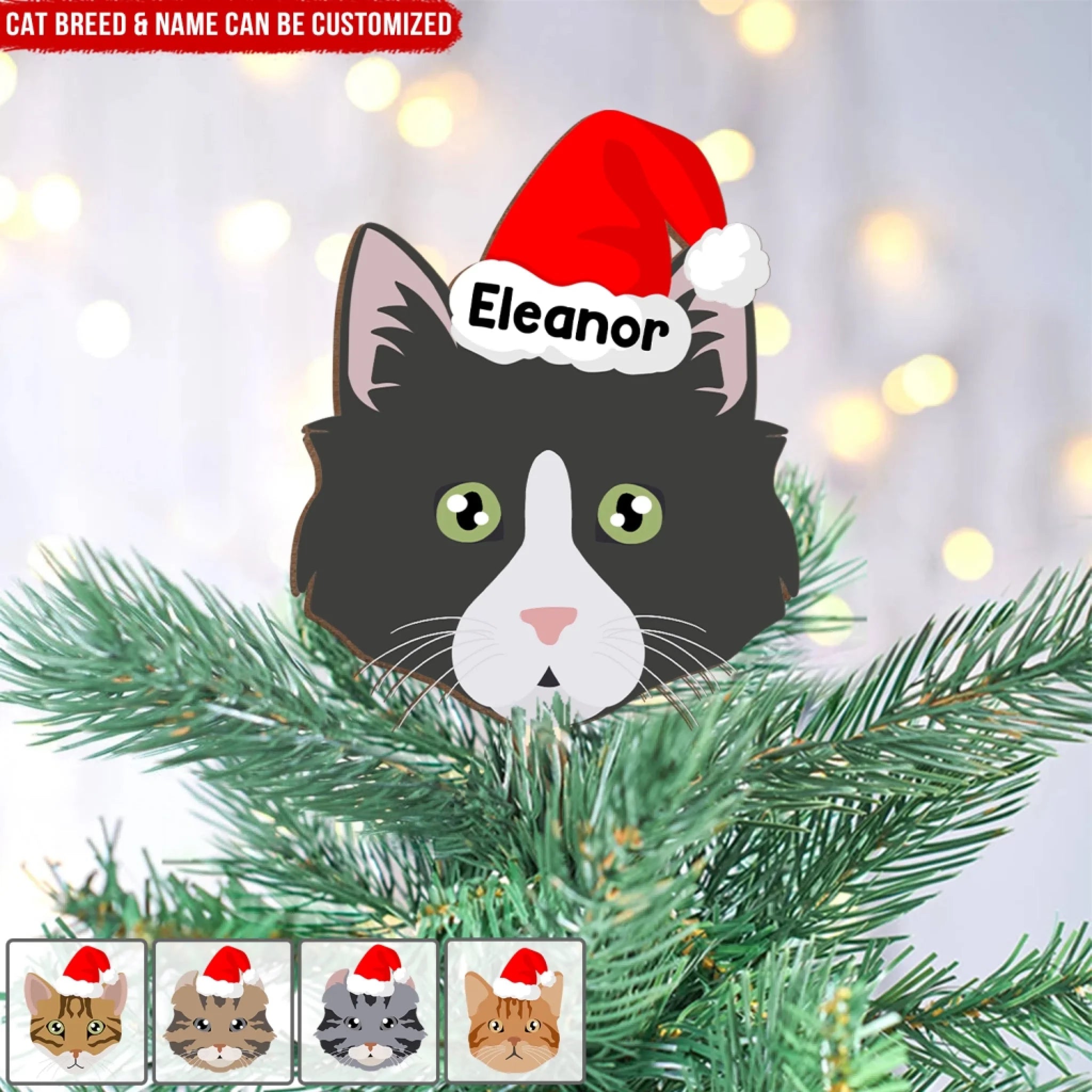 Funny Cat Santa Cat - Personalized Tree Topper, Gift For Cat Lover, Christmas Tree Decoration
