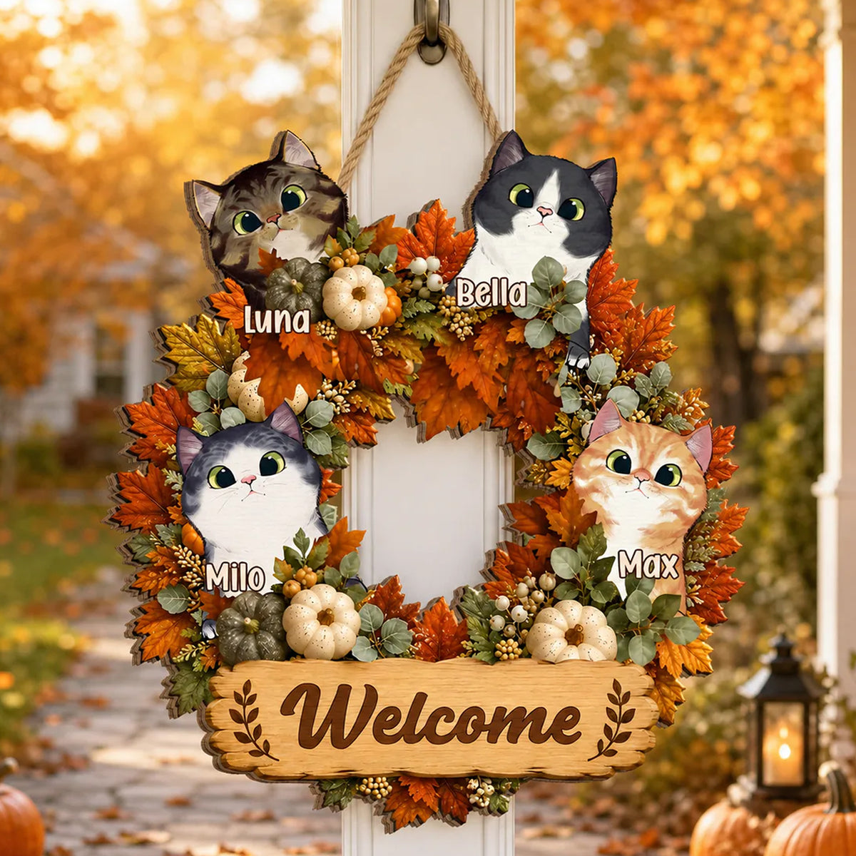 Welcome To Our Home - Personalized Wooden Sign, Cute Autumn Cat Wreath Decor, Creative Gift for Pet Owners