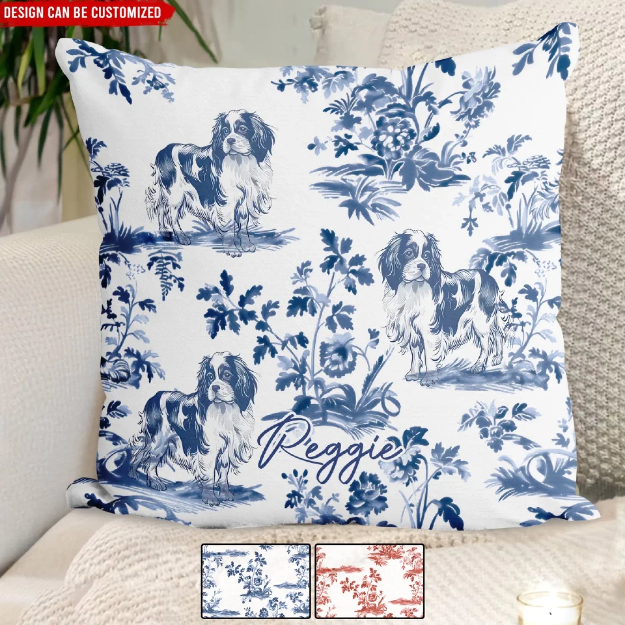 Custom Name Dog Breed Blue Toile de Jouy Style - Personalized Pillow, Gift For Dog Lovers, Dog Mom/Dog Dad Pillow
