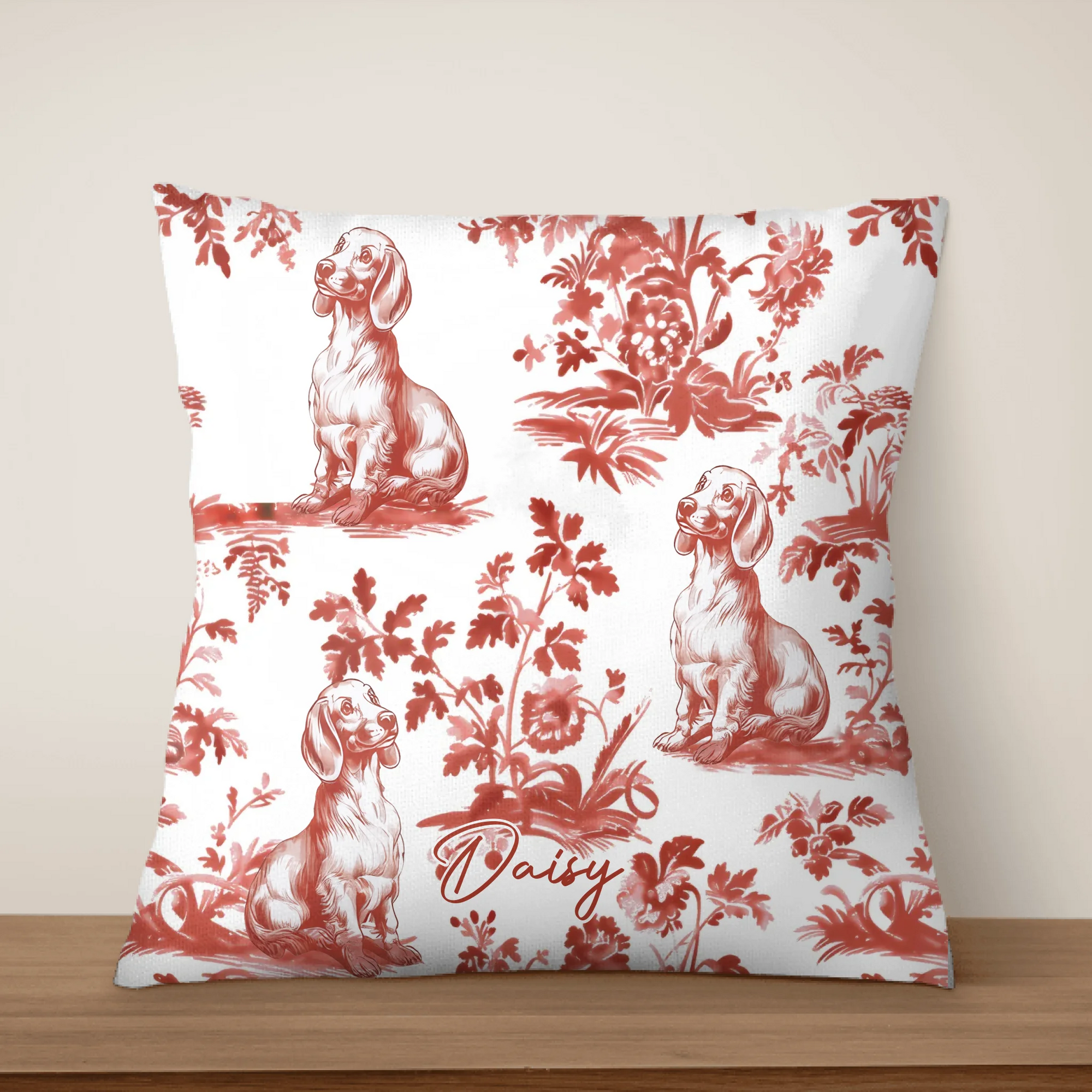 Custom Name Dog Breed Blue Toile de Jouy Style - Personalized Pillow, Gift For Dog Lovers, Dog Mom/Dog Dad Pillow