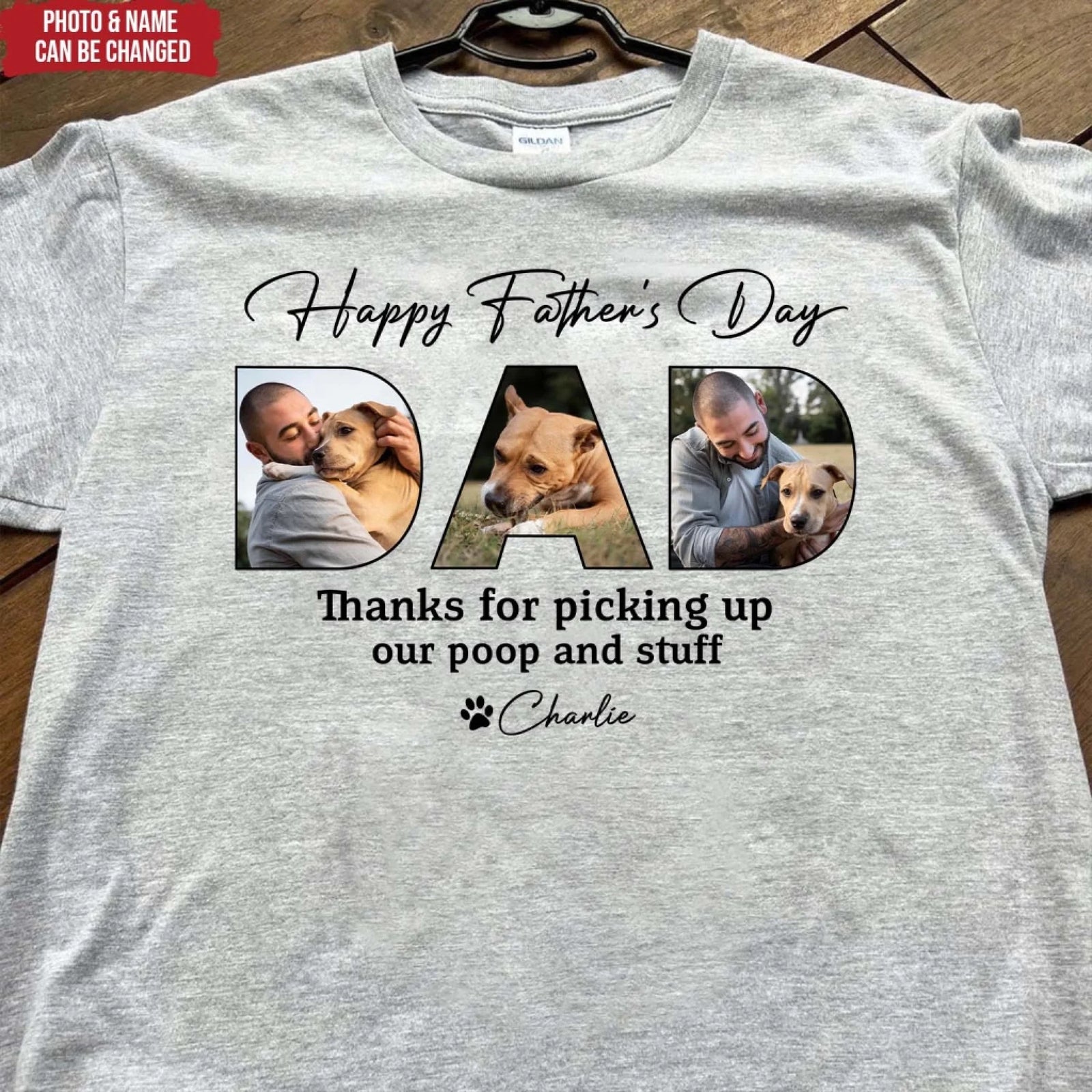 Custom Dog Photo, Happy Father's Day Thanks For Picking Up Our Poop And Stuff - Personalized T-Shirt