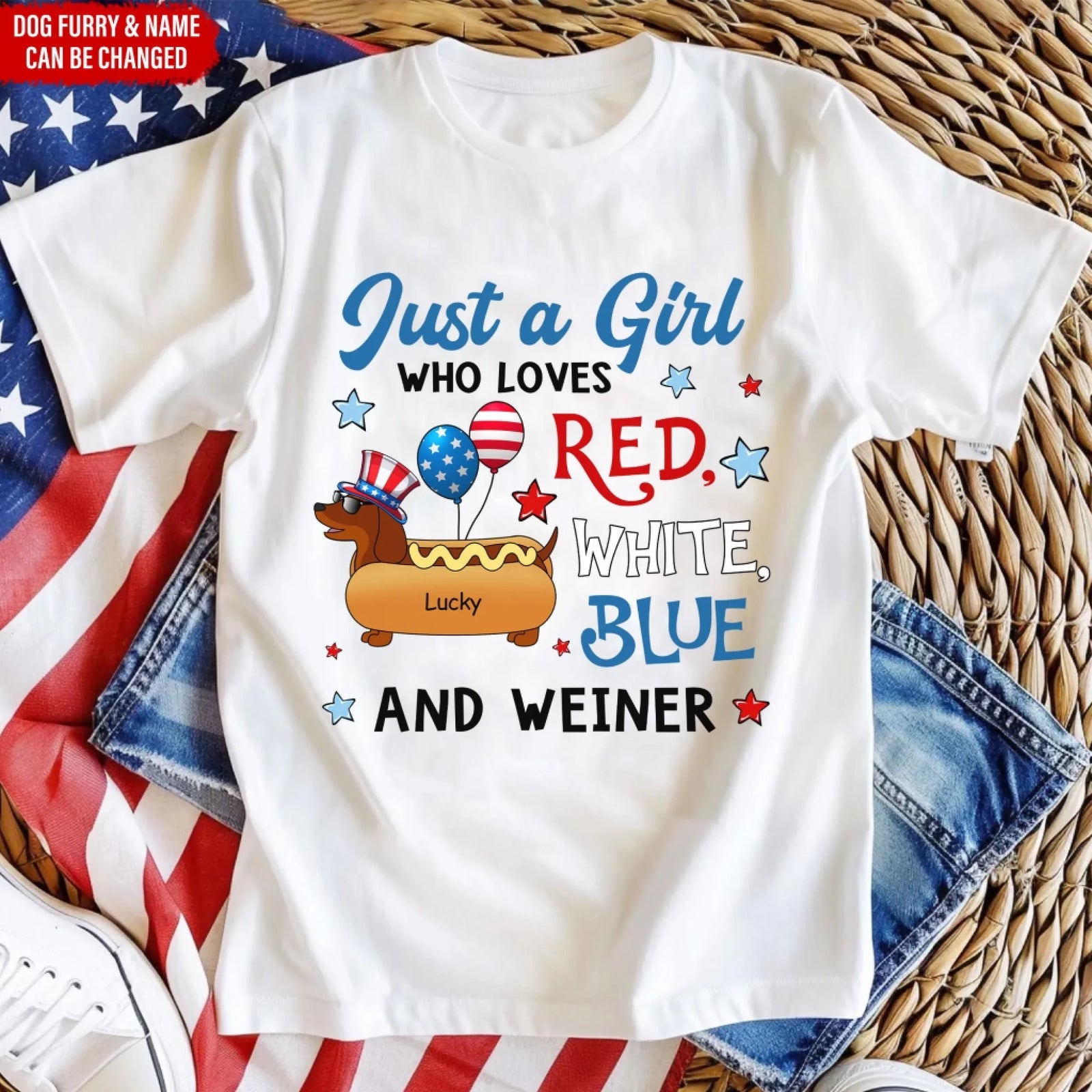 4th Of July Just A Girl Who Loves Red White Blue and Weiner - Personalized Shirt For Independence Day, Funny Weiner Tshirt, Gift For Dog Lover