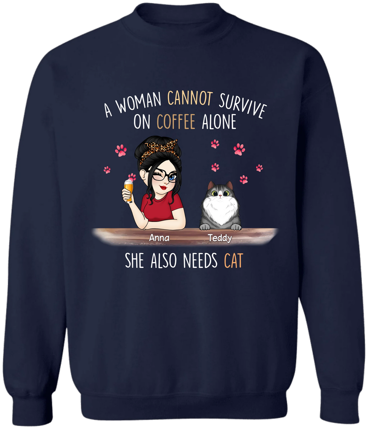 A Woman Can't Survive On Coffee Alone - Personalized Tshirt, Shirt for Cat Lover, Cat Enthusiast Gift
