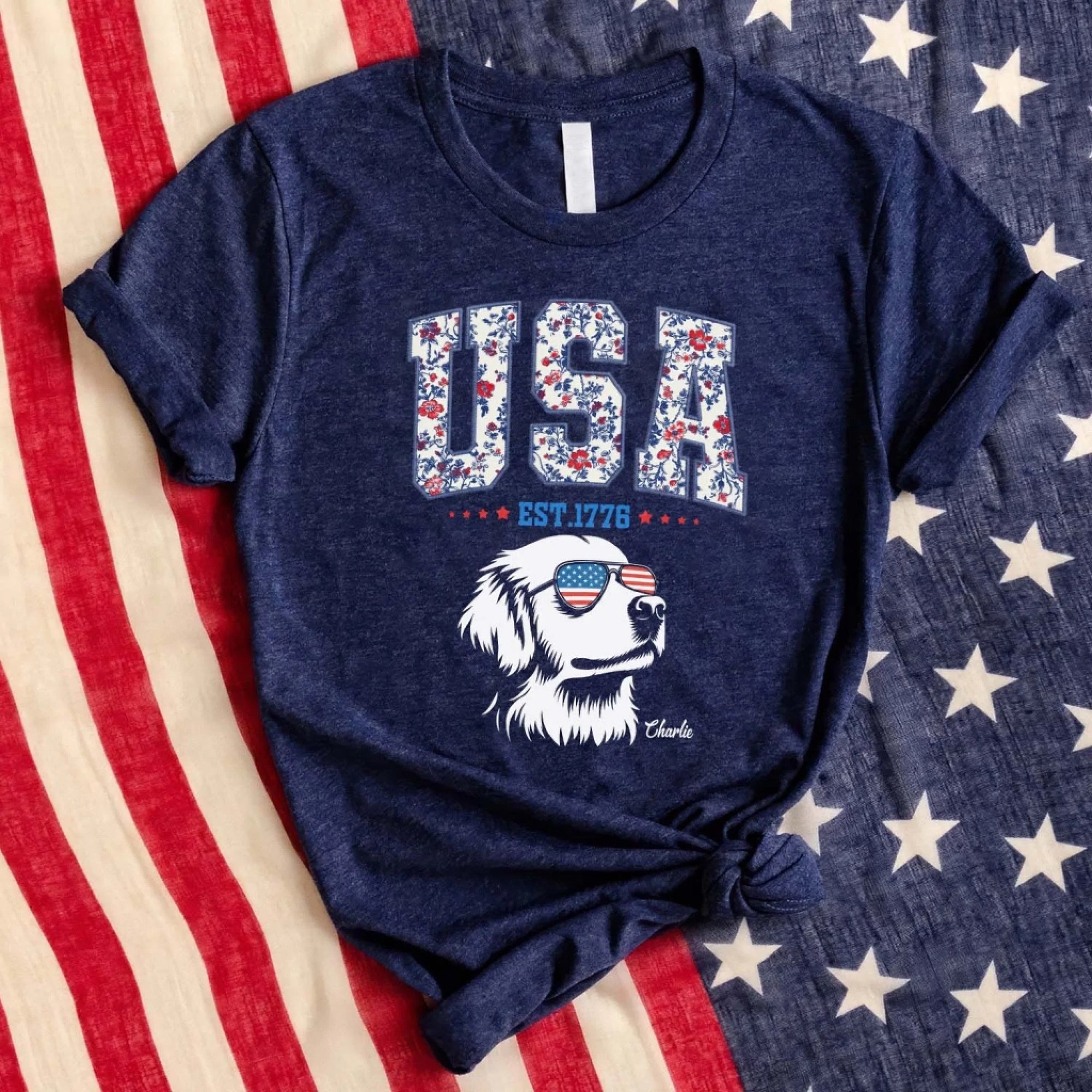 Floral USA Custom Dog - Personalized T-Shirt, Funny 4th of July Gift for Dog Lover