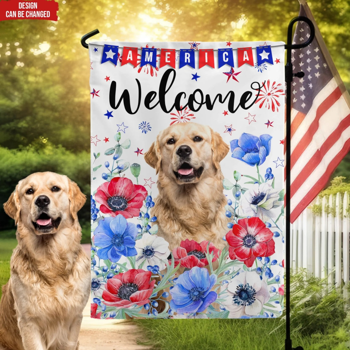 Red White Blue Floral - Personalized Garden Flag, 4th Of July Dog Gift, Home Decor