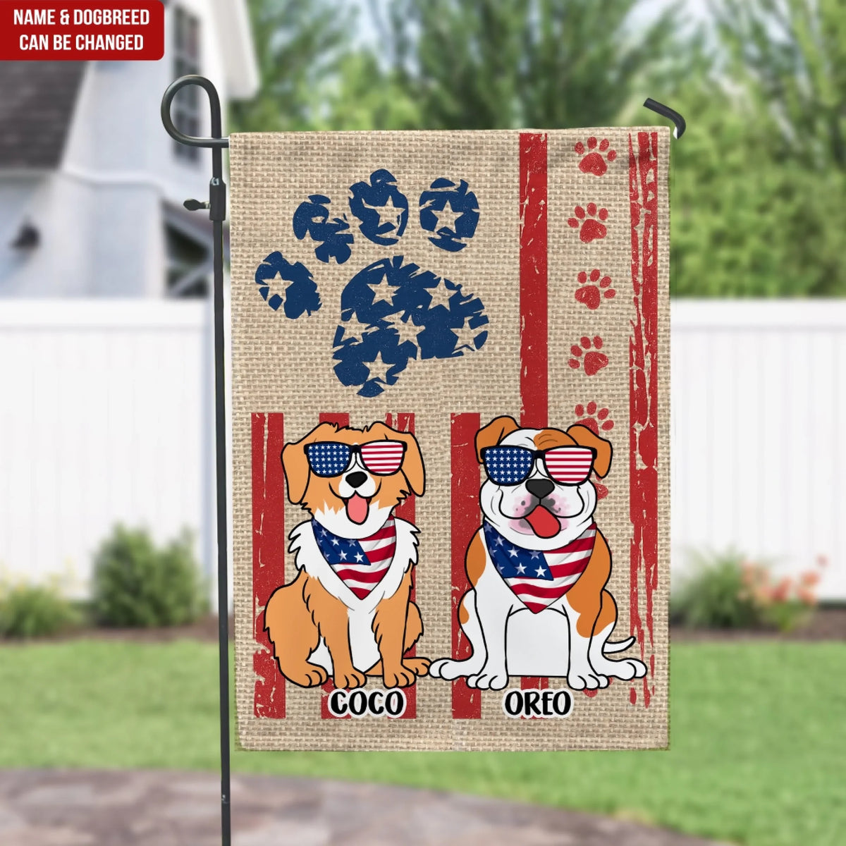 4th of July US Flag Dog Paw - Personalized Garden Flag, Funny Independence Day Gift for Dog Lover