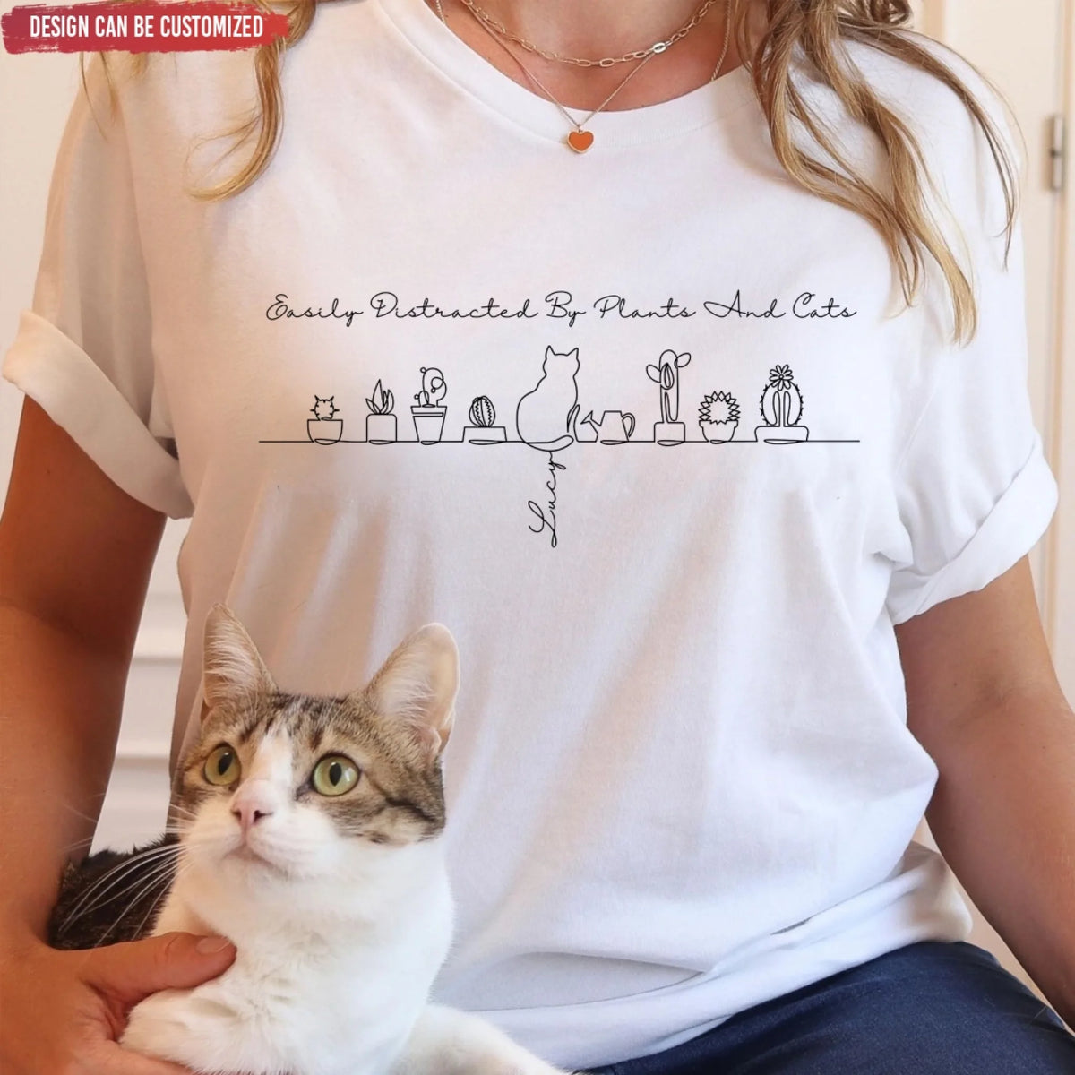 Easily Distracted By Plants And Cats - Personalized T-Shirt, Gift for Cat And Plant Lover, Line Art Style Shirt