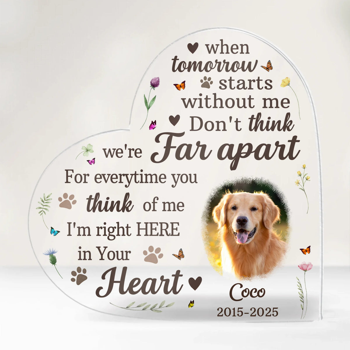 When Tomorrow Starts Without Me, Don&#39;t Think We&#39;re Far Apart - Personalized Acrylic Plaque, Pet Memorial Gift