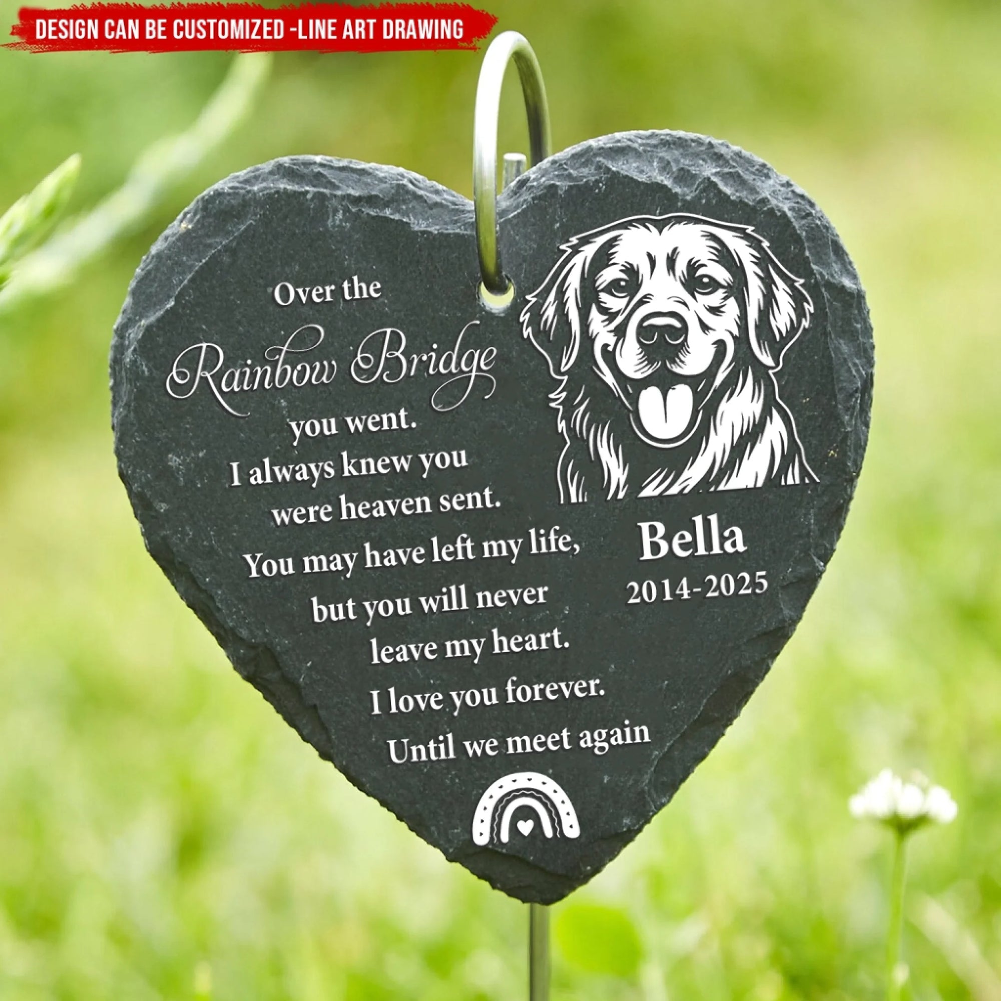 Over The Rainbow Bridge You Went - Personalized Garden Slate, Monochrome Line Art Drawing, Pet Loss Gift, Memorial Gift