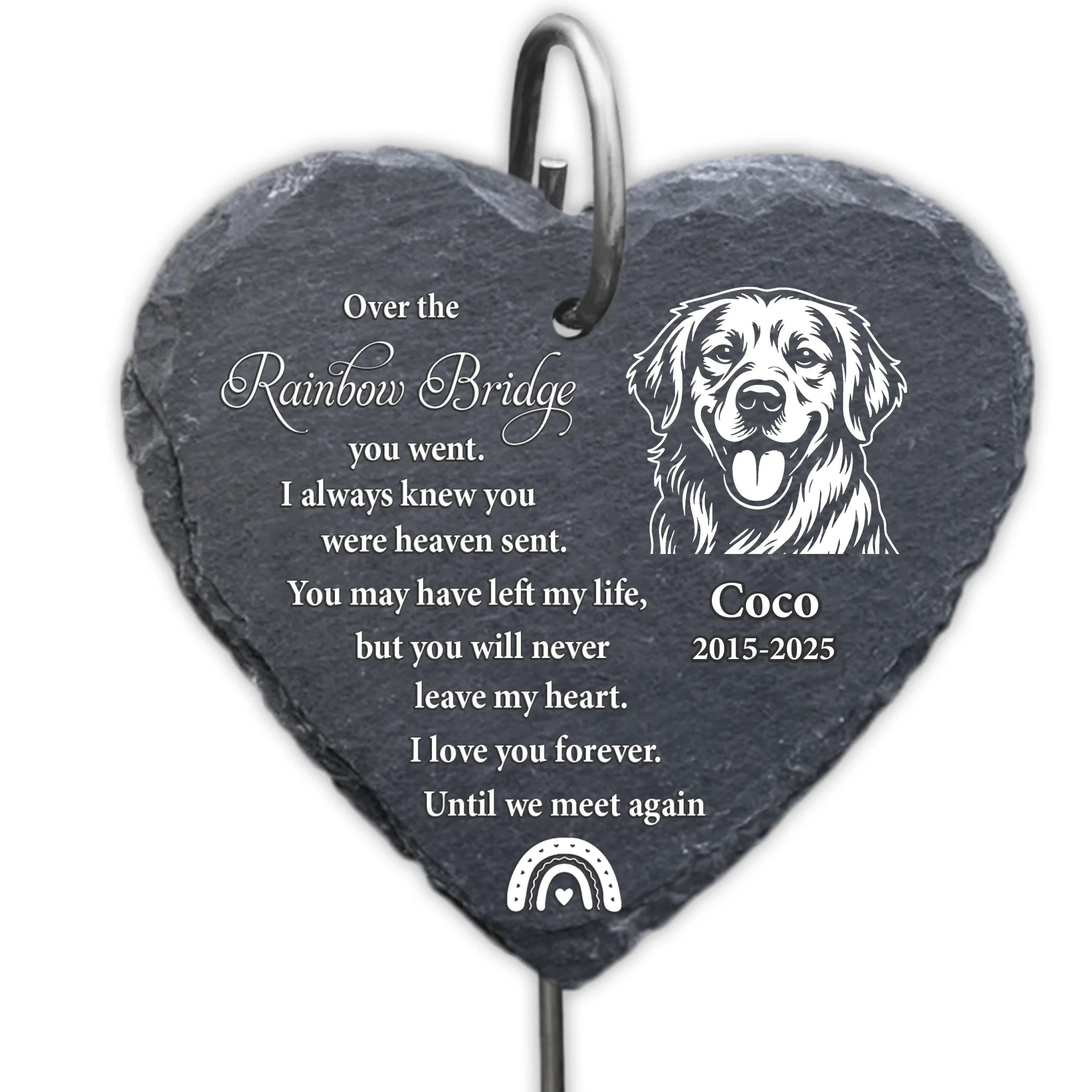 Over The Rainbow Bridge You Went - Personalized Garden Slate, Monochrome Line Art Drawing, Pet Loss Gift, Memorial Gift