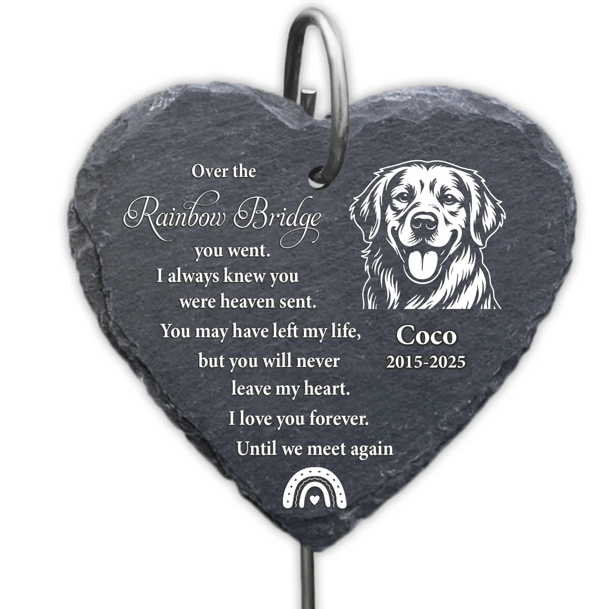 Over The Rainbow Bridge You Went - Personalized Garden Slate, Monochrome Line Art Drawing, Pet Loss Gift, Memorial Gift