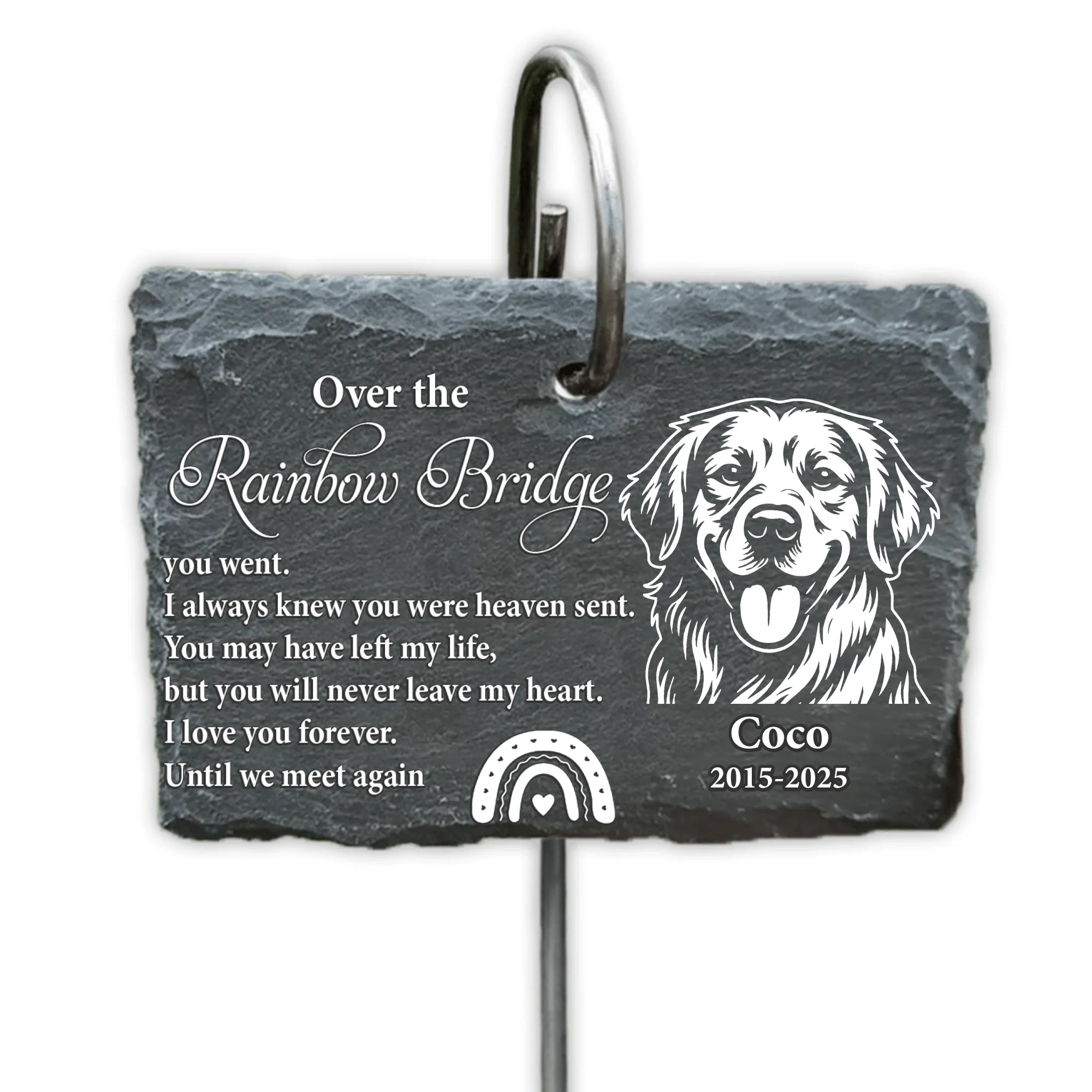 Over The Rainbow Bridge You Went - Personalized Garden Slate, Monochrome Line Art Drawing, Pet Loss Gift, Memorial Gift