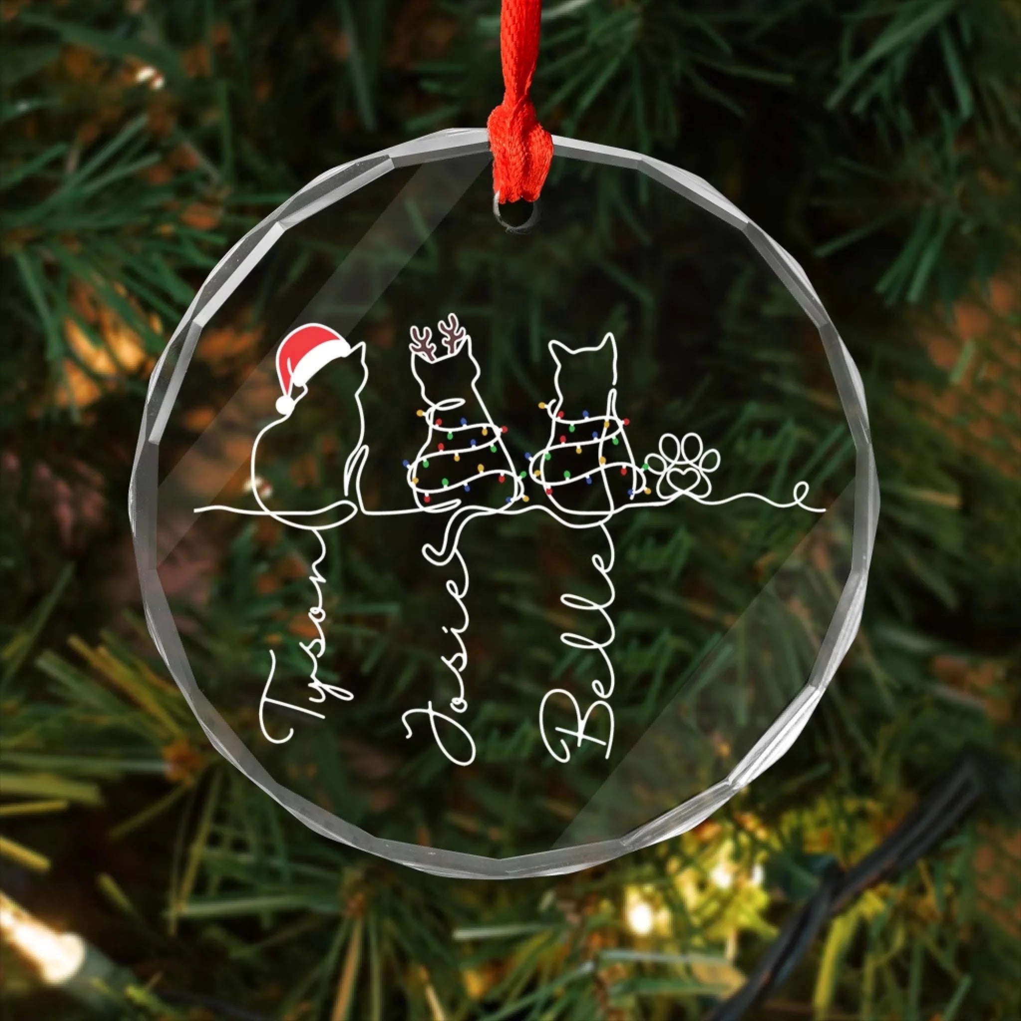Christmas Costume Cute Cat , My Fur Babies One Line Art - Personalized Glass Ornament, Gift For Cat Lovers