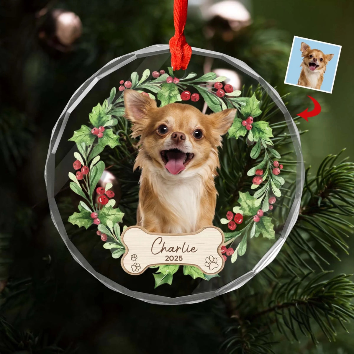 Custom Dog Photo Christmas Ornament - Personalized Glass Ornament, Gift For Dog Lover