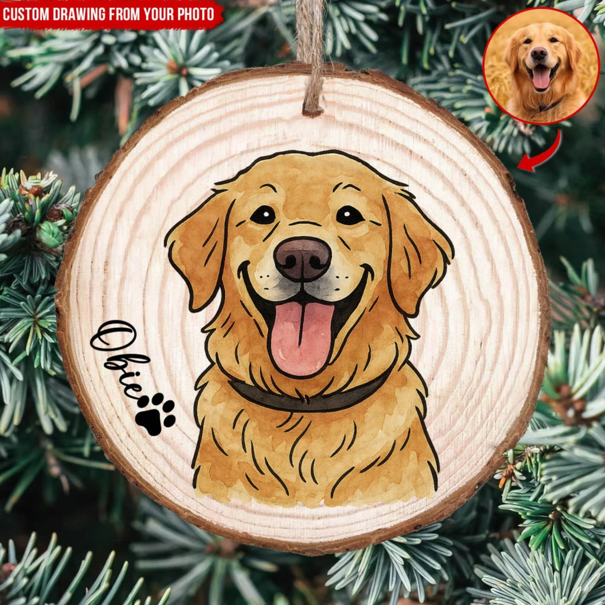 Pet Portrait - Personalized Wood Slice Ornament, Custom Pet Hand-drawn Art Ornament, Christmas Gift For Pet Lovers