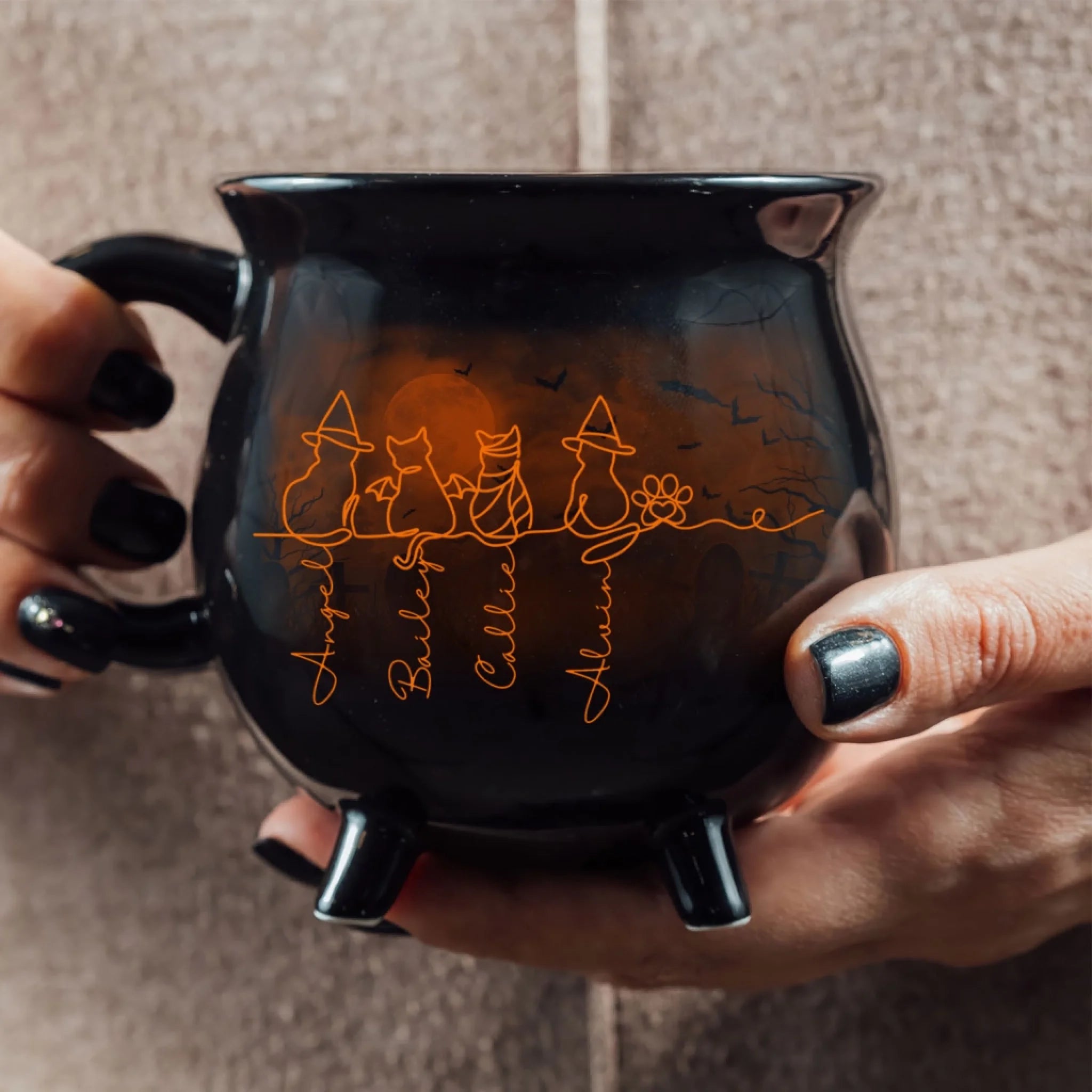 Happy Halloween Scary Cat - Personalized 13OZ Cauldron Mug, Line Art Cat Halloween Gift