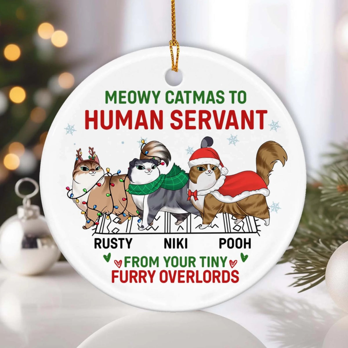 Meowy Catmas To Human Servant - Personalized Ceramic Ornament, Gift For Cat Love, Christmas Decoration