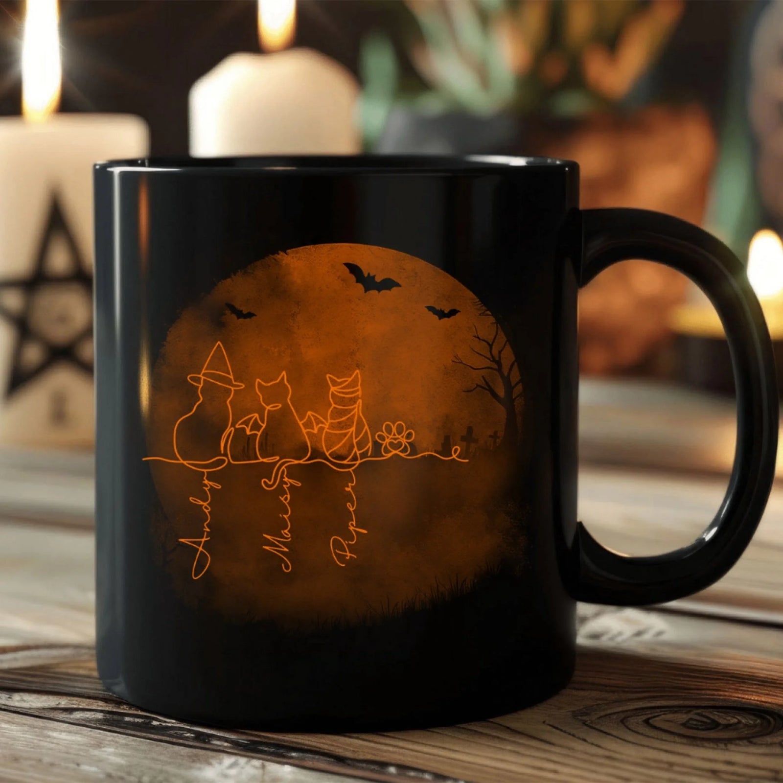 Scary Cat Halloween - Personalized Mug, Halloween Gift For Cat Lovers, Line Art Cat
