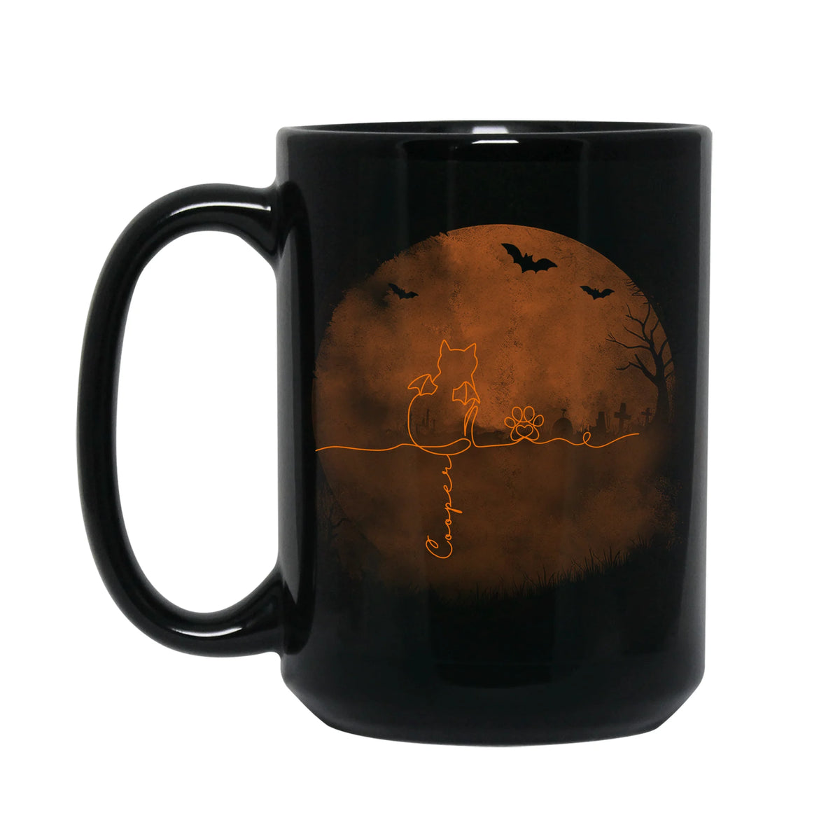 Scary Cat Halloween - Personalized Mug, Halloween Gift For Cat Lovers, Line Art Cat