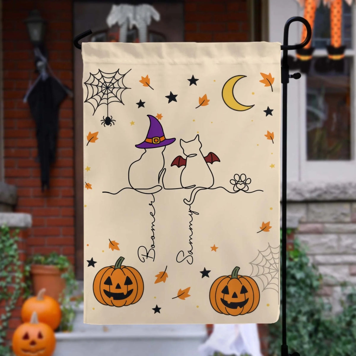 Halloween Cat Line Art - Personalized Garden Flag, Cat Halloween Home Decor, Gift for Cat Lovers