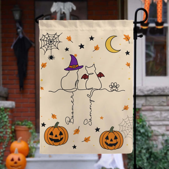 Halloween Cat Line Art - Personalized Garden Flag, Cat Halloween Home Decor, Gift for Cat Lovers