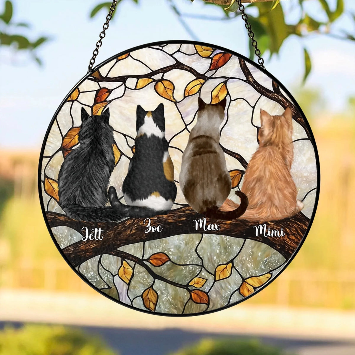 Custom Cats On A Branch - Personalized Window Stained Glass, Fall Window Doors Home Decoration