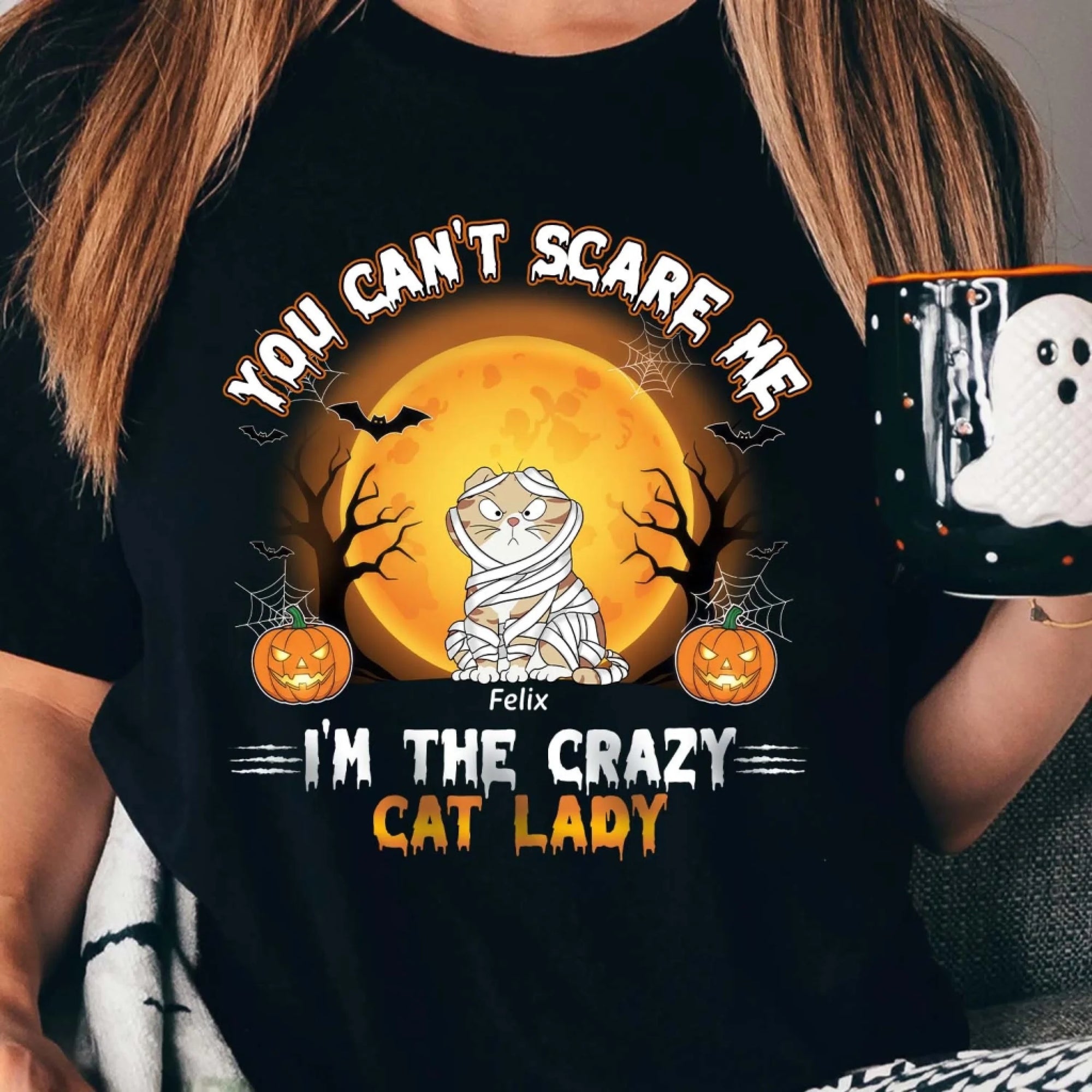 You Can't Scare Me I'm The Crazy Cat Lady - Personalized T-Shirt, Gift For Cat Lover, Halloween Can Mom Shirt