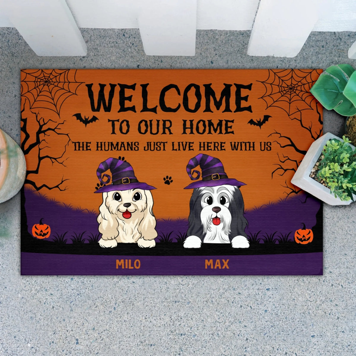 Welcome To Our Home, The Humans Just Live Here With Us - Personalized Doormat, Halloween Gift for Dog Lovers, Dog Mom/Dog Dad Gift