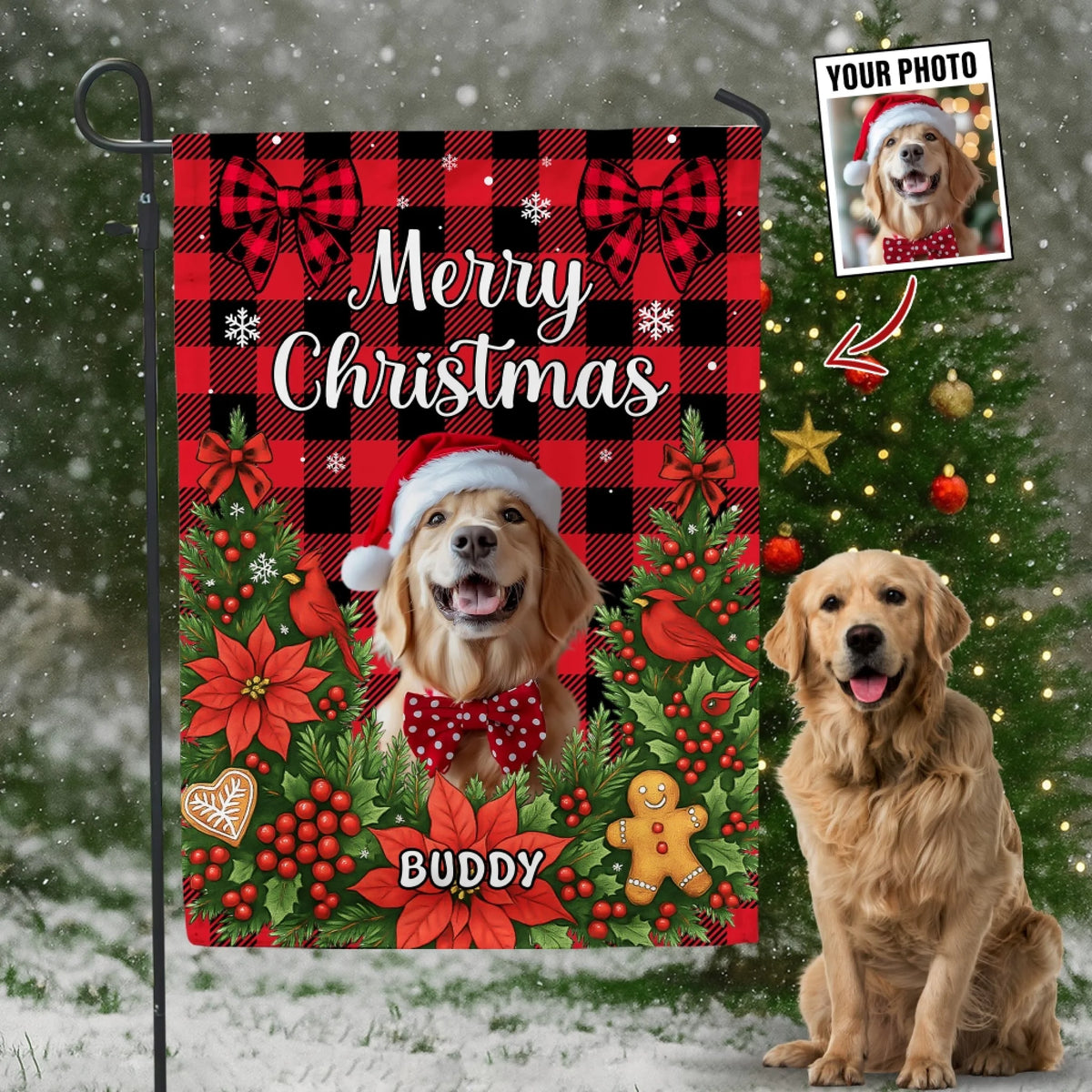 Merry Christmas Cute Pet Red Plaid - Personalized Garden Flag, Gift For Pet Lovers