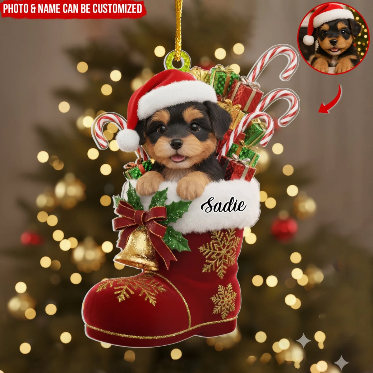Custom Photo Dog In Santa Boot Christmas - Personalized Acrylic Ornament, Gift For Dog Lover, Dog Owner's Ornament