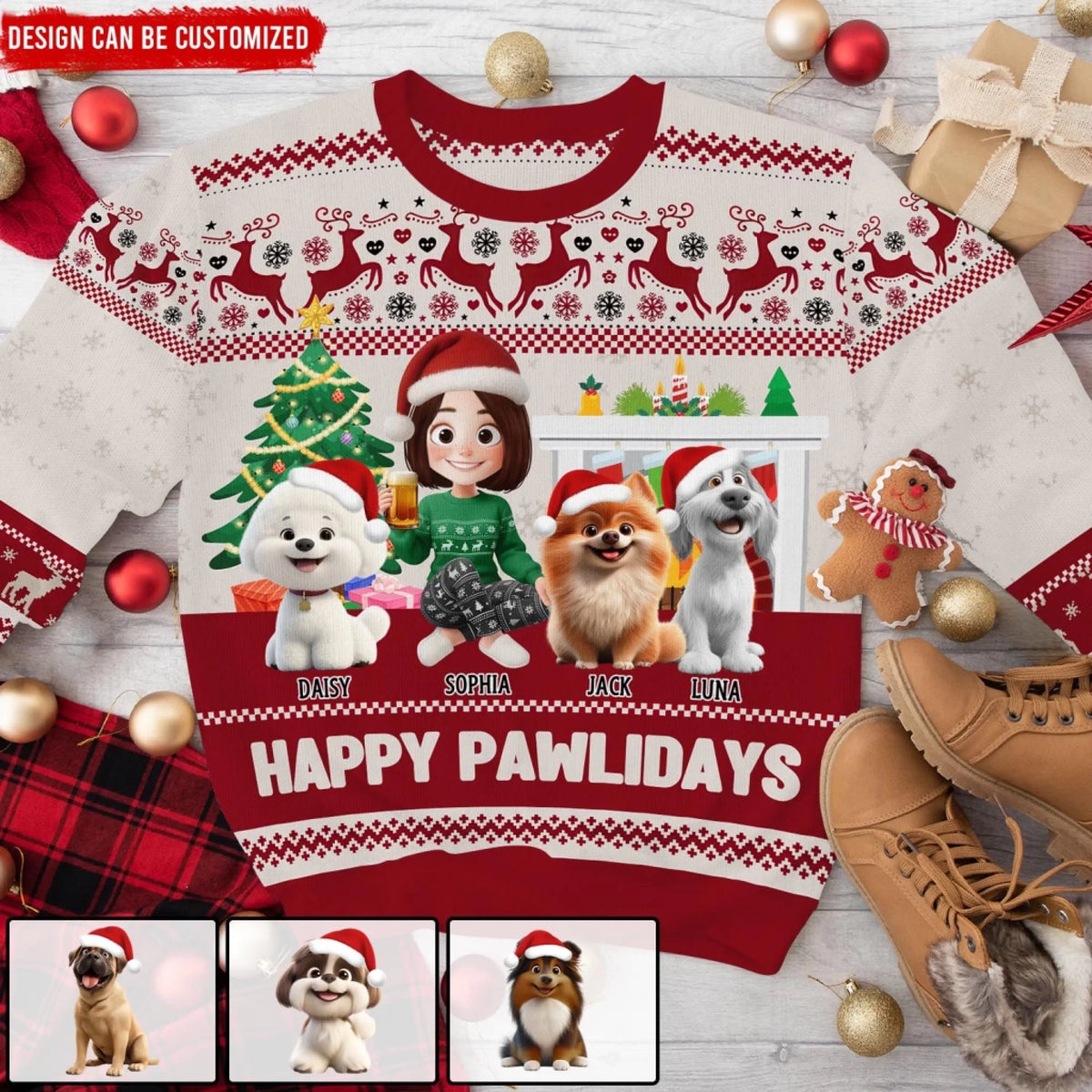 Happy Pawlidays A Girl With Her Dogs - Personalized Wool Sweater, All-Over-Print Sweatshirt, Custom Christmas Dog Mom Gift