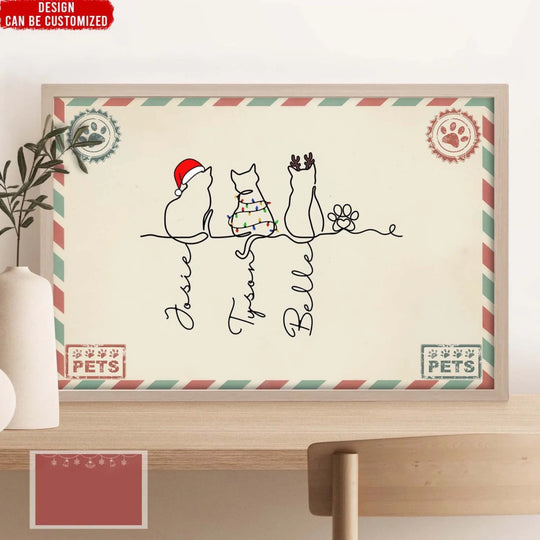 Vintage Christmas Cat Line Art - Personalized Poster, Christmas Home Decor, Gift for Cat Mom/Cat Dad